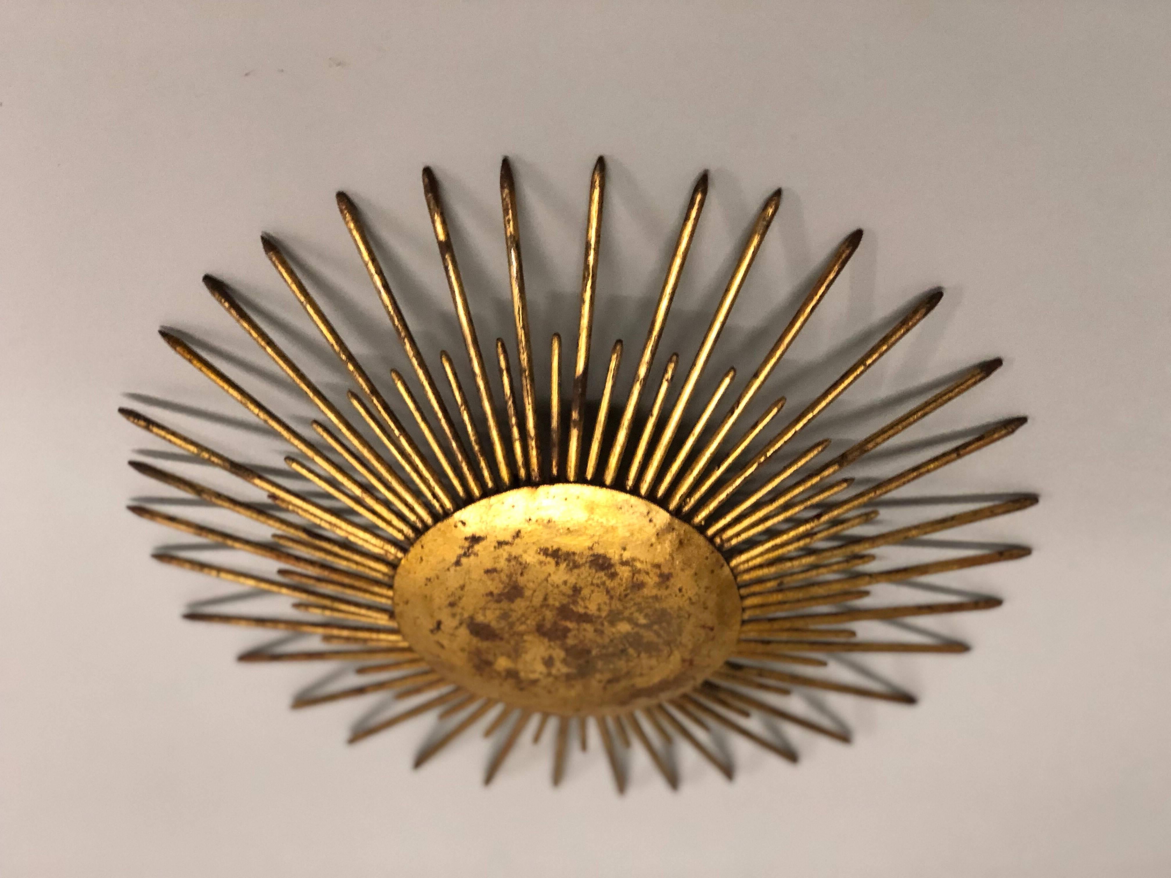 French Mid-Century Modern Neoclassical Gilt Iron Sunburst Flush Mount or Pendant For Sale 1