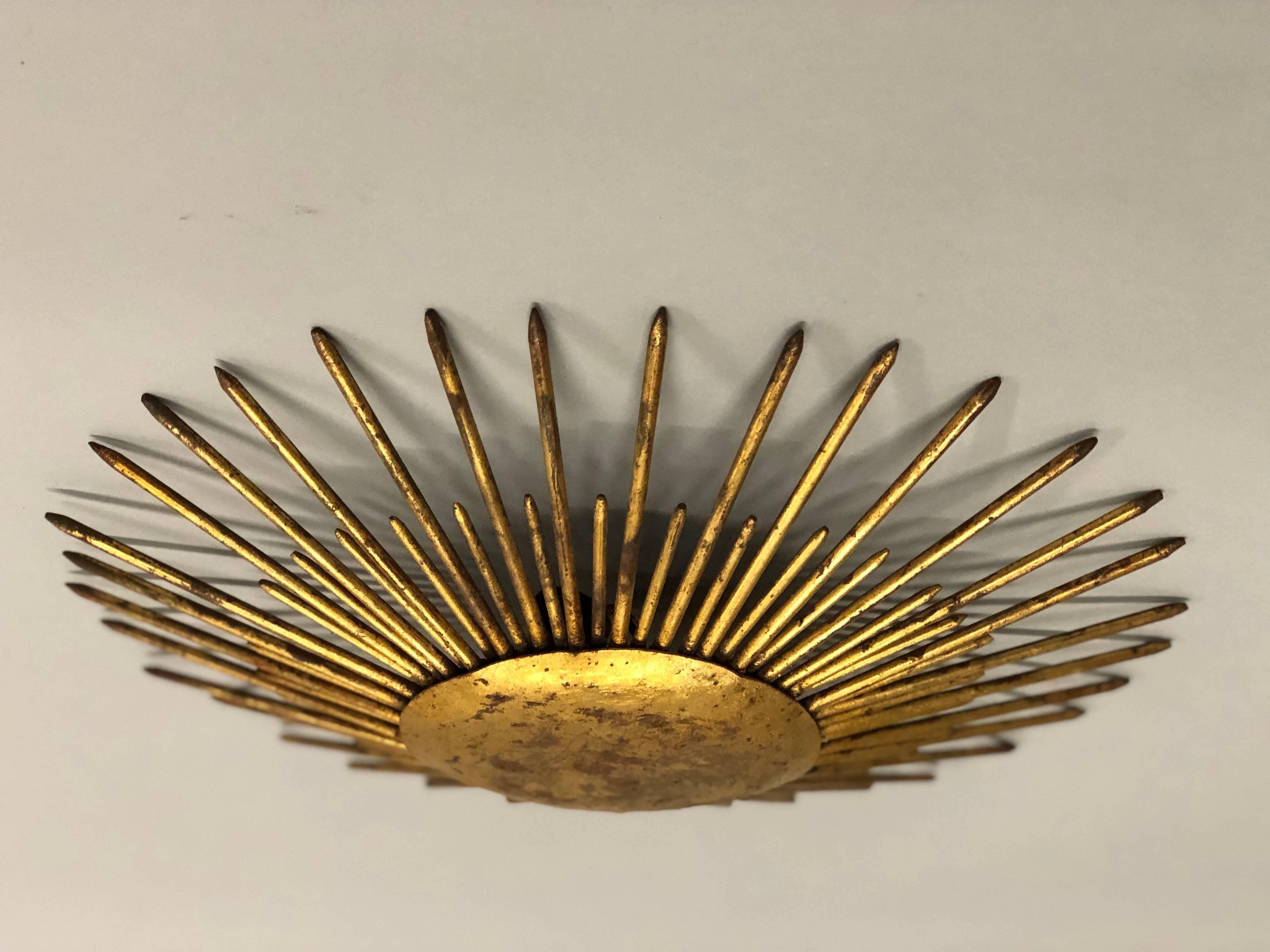 French Mid-Century Modern Neoclassical Gilt Iron Sunburst Flush Mount or Pendant For Sale 2