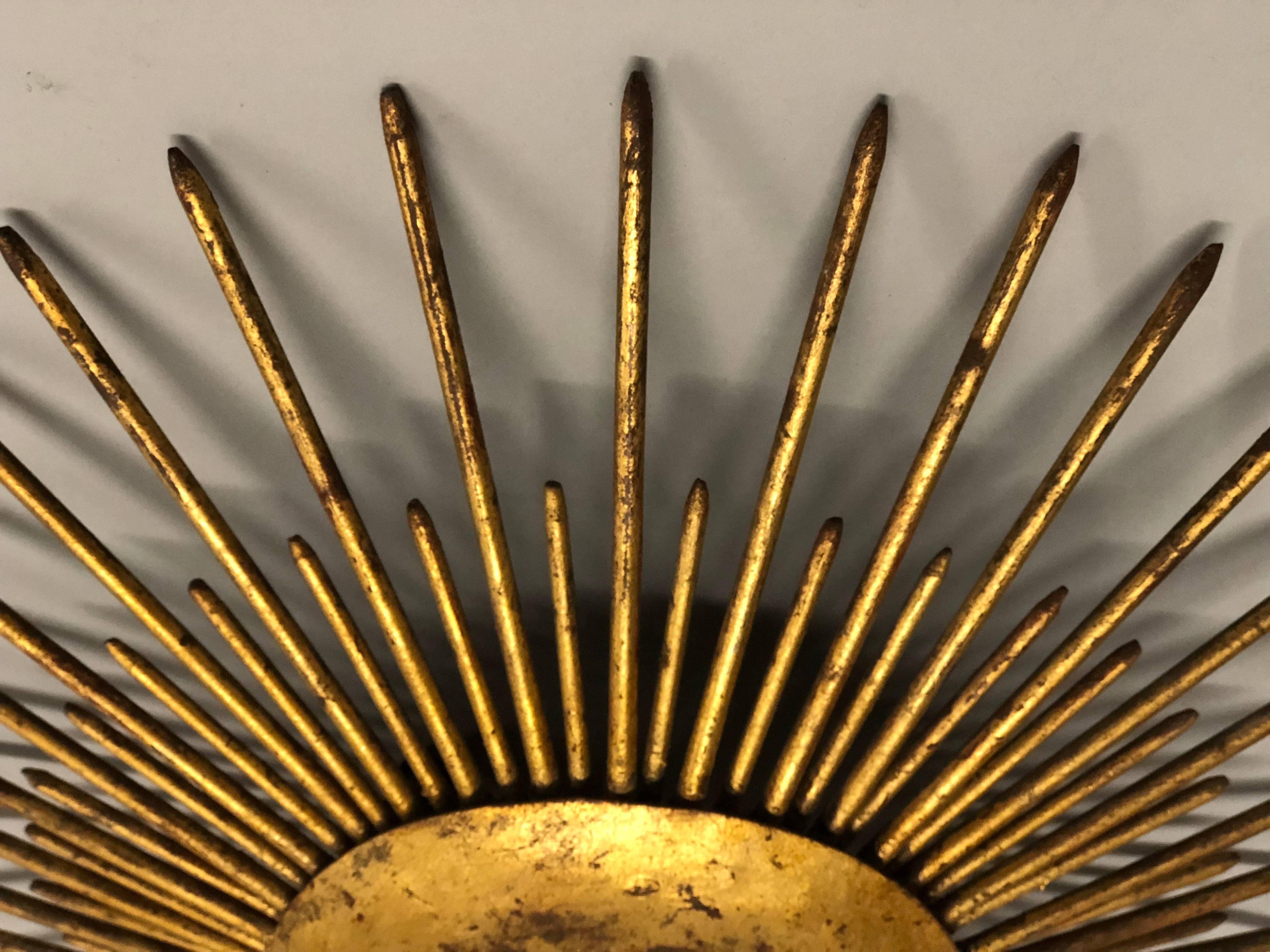 French Mid-Century Modern Neoclassical Gilt Iron Sunburst Flush Mount or Pendant For Sale 4
