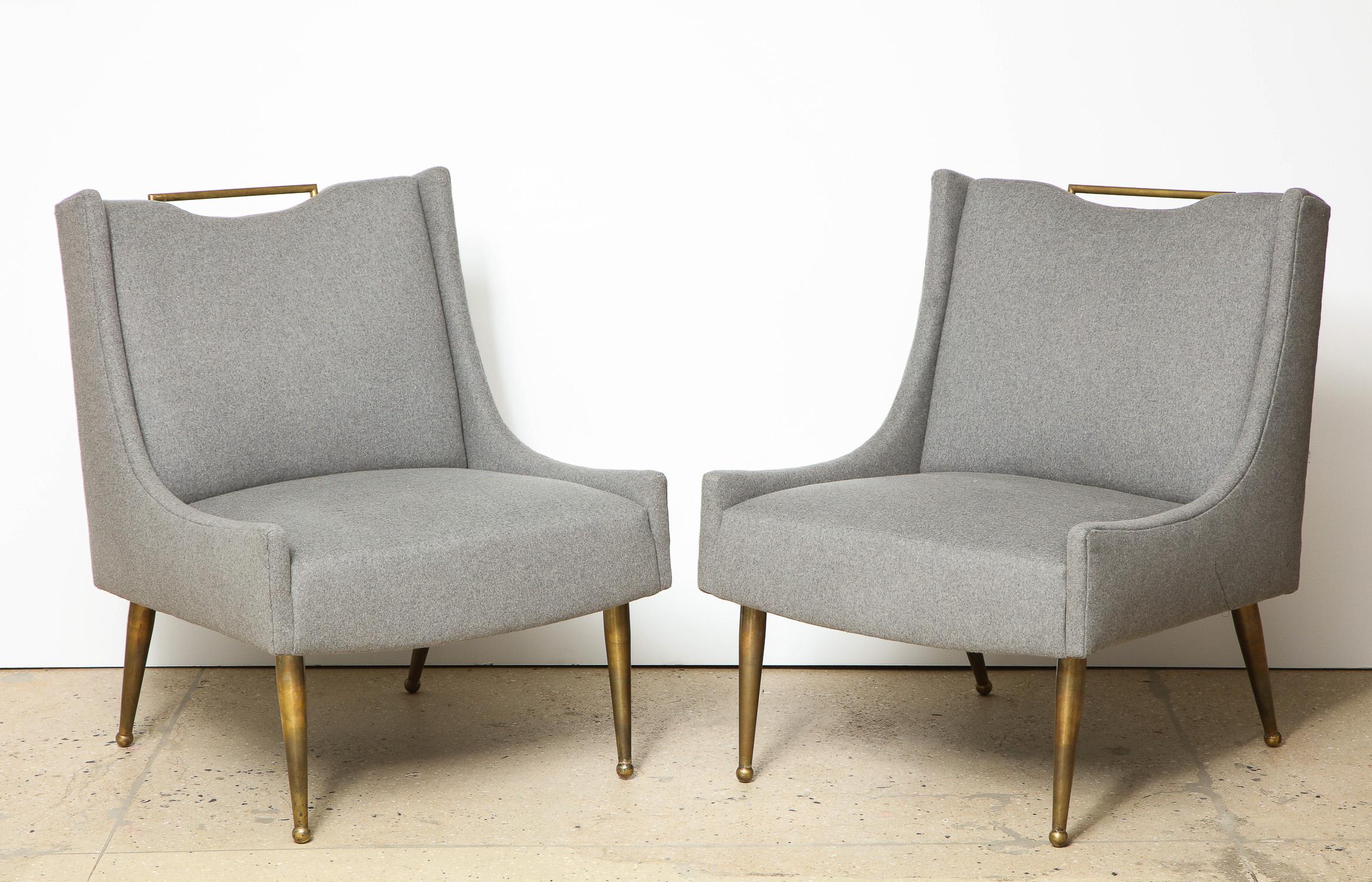 Upholstered slipper chairs on brass legs with a brass handle, wool upholstery, USA, 1950s.