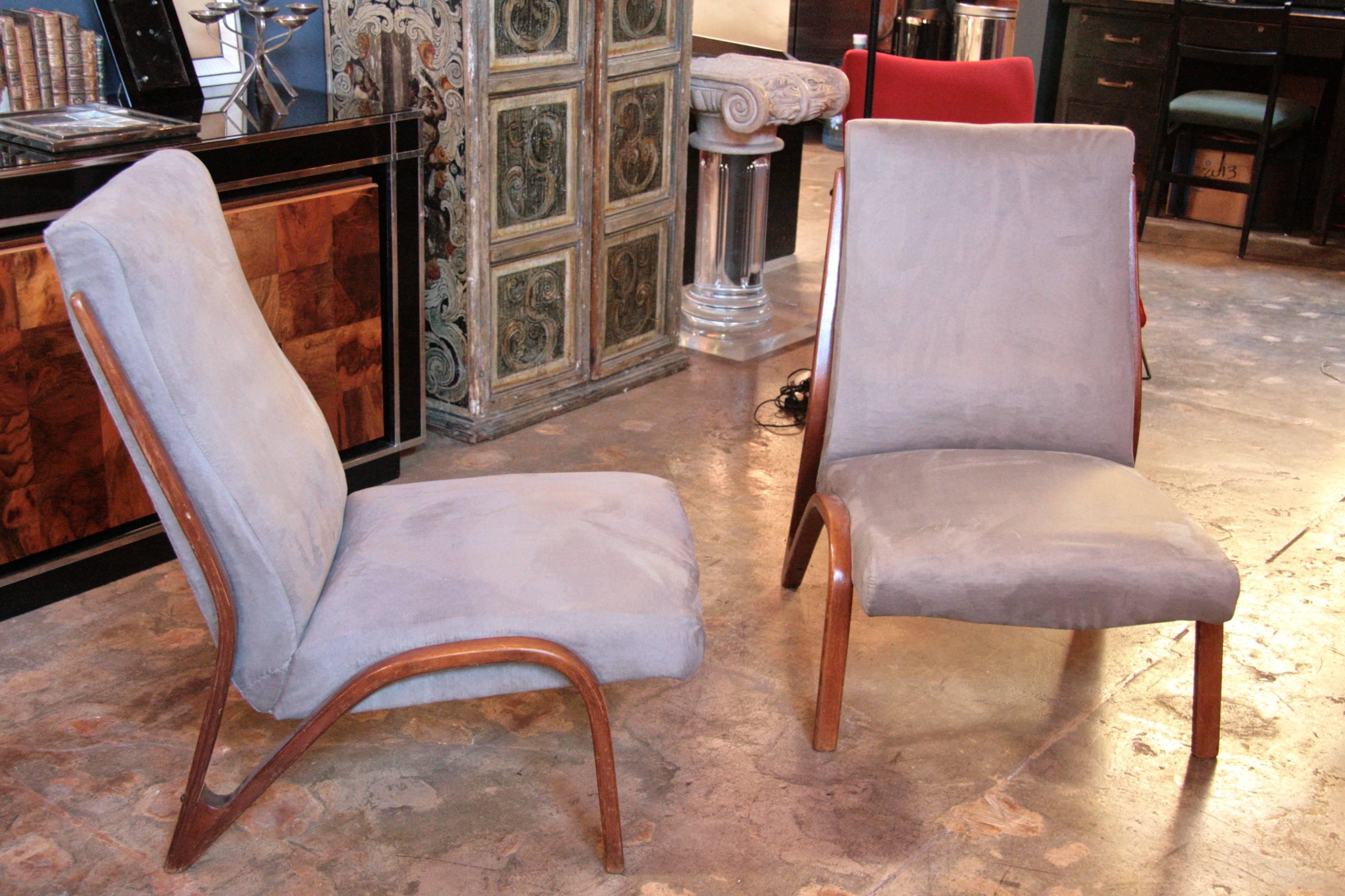 Pair of sculptural Italian lounge chairs in velvet cotton.