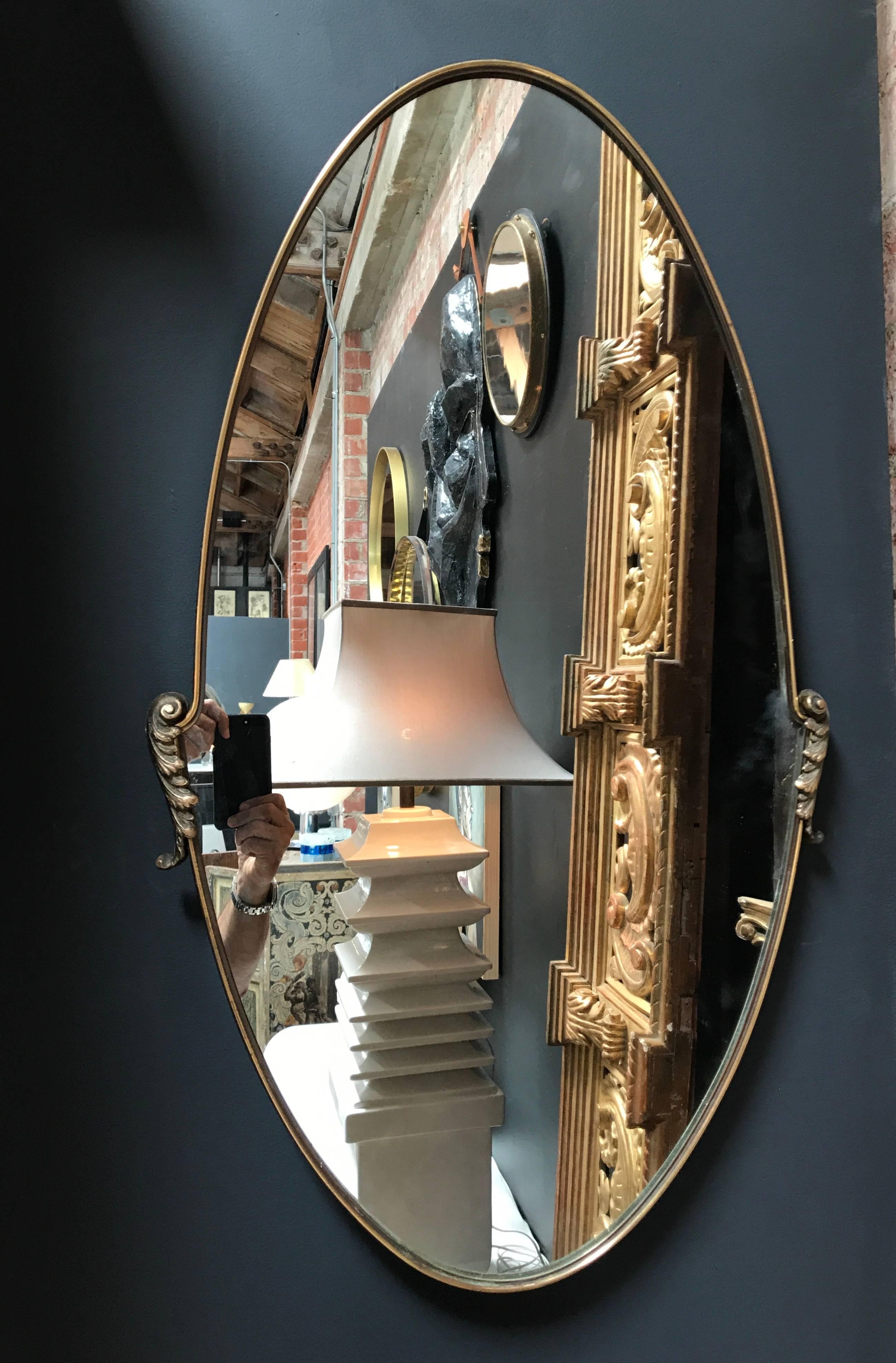 Mid-20th Century Italian Oval Mirror 1950s with Brass Frame
