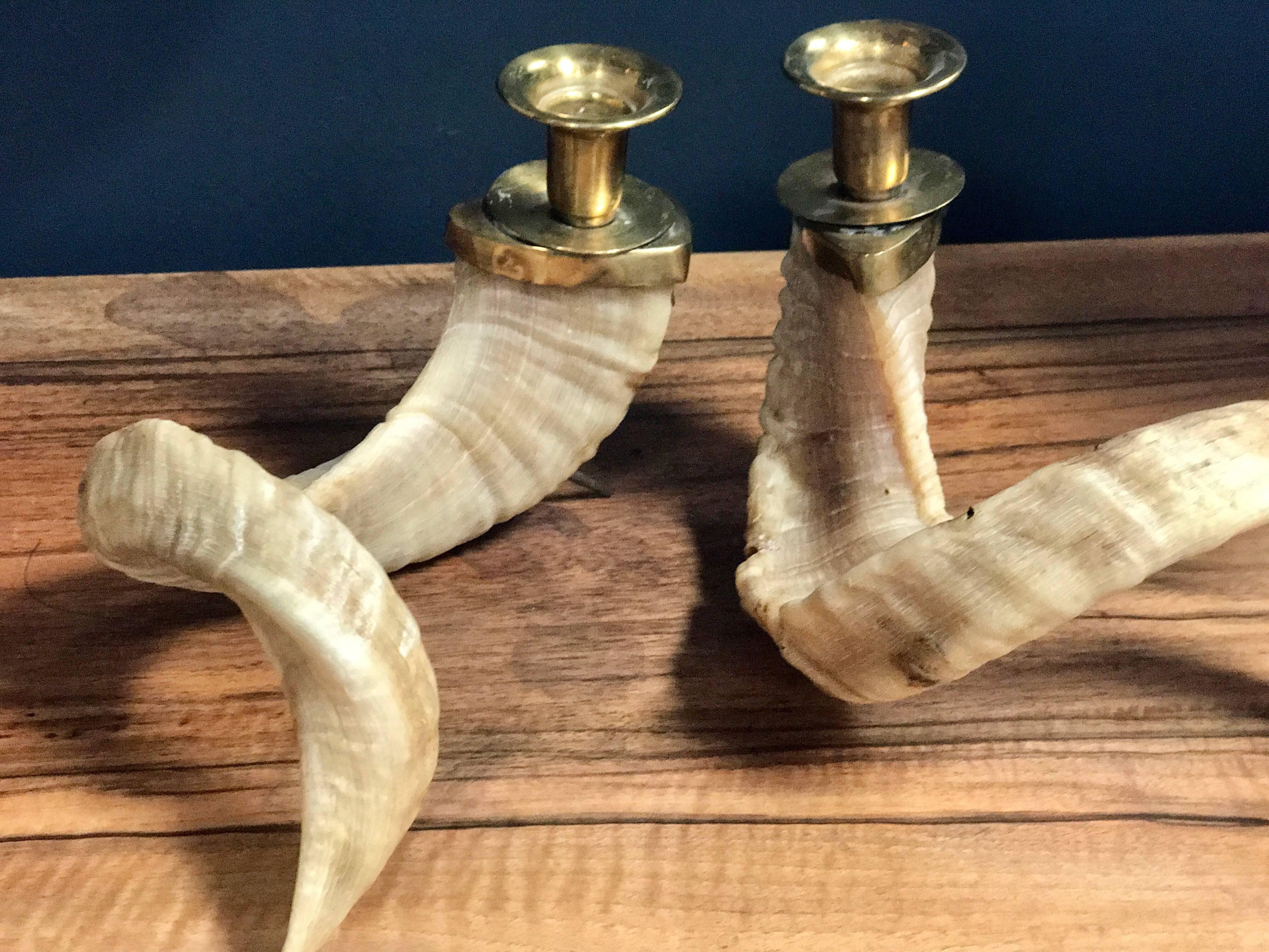 Mid-20th Century Large Horns Candlestick Holders with Brass