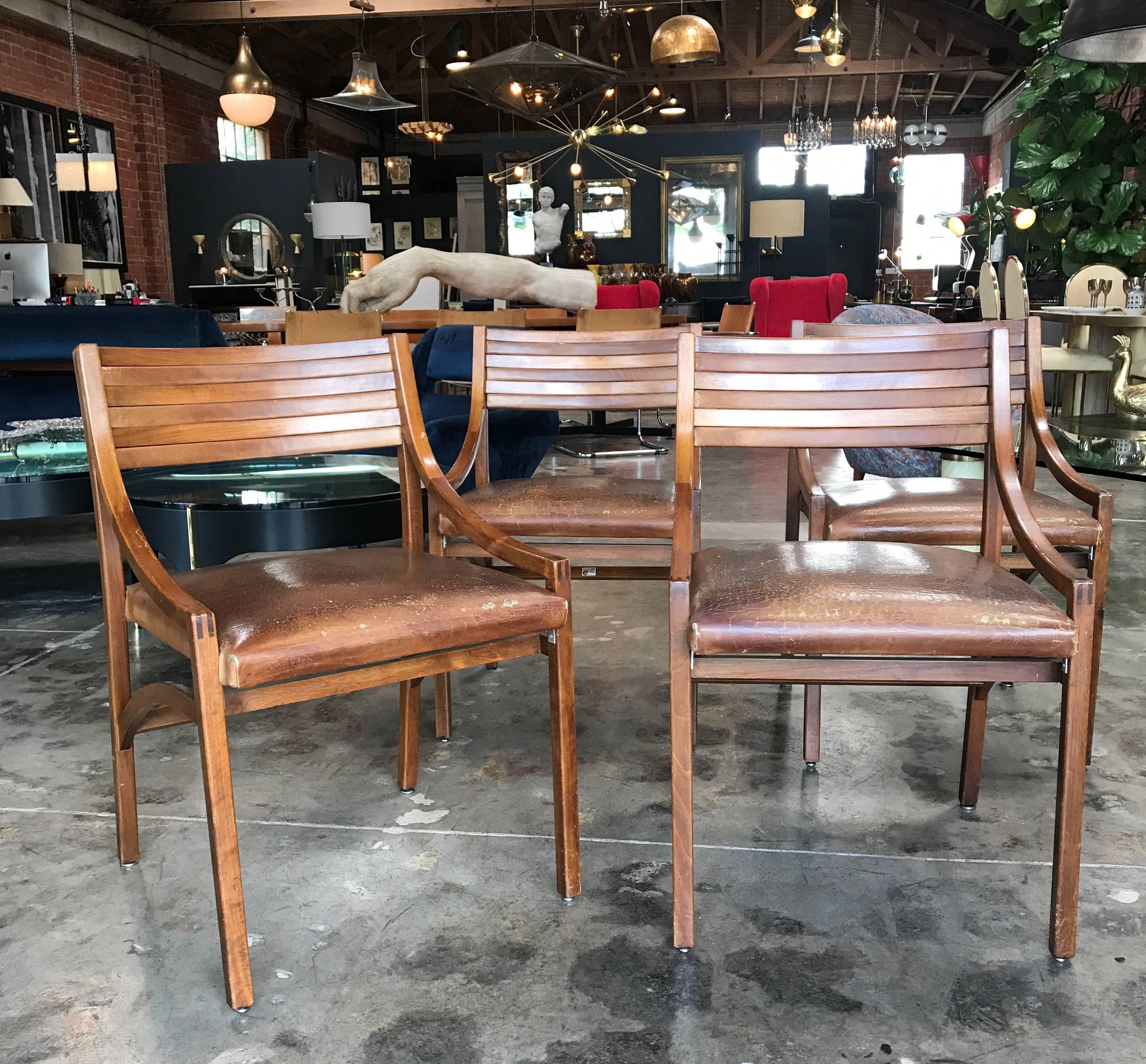 Italian walnut and leather dining chairs by Ico Parisi for Brugnoli, 1959, set of four.
Mod. 110
 