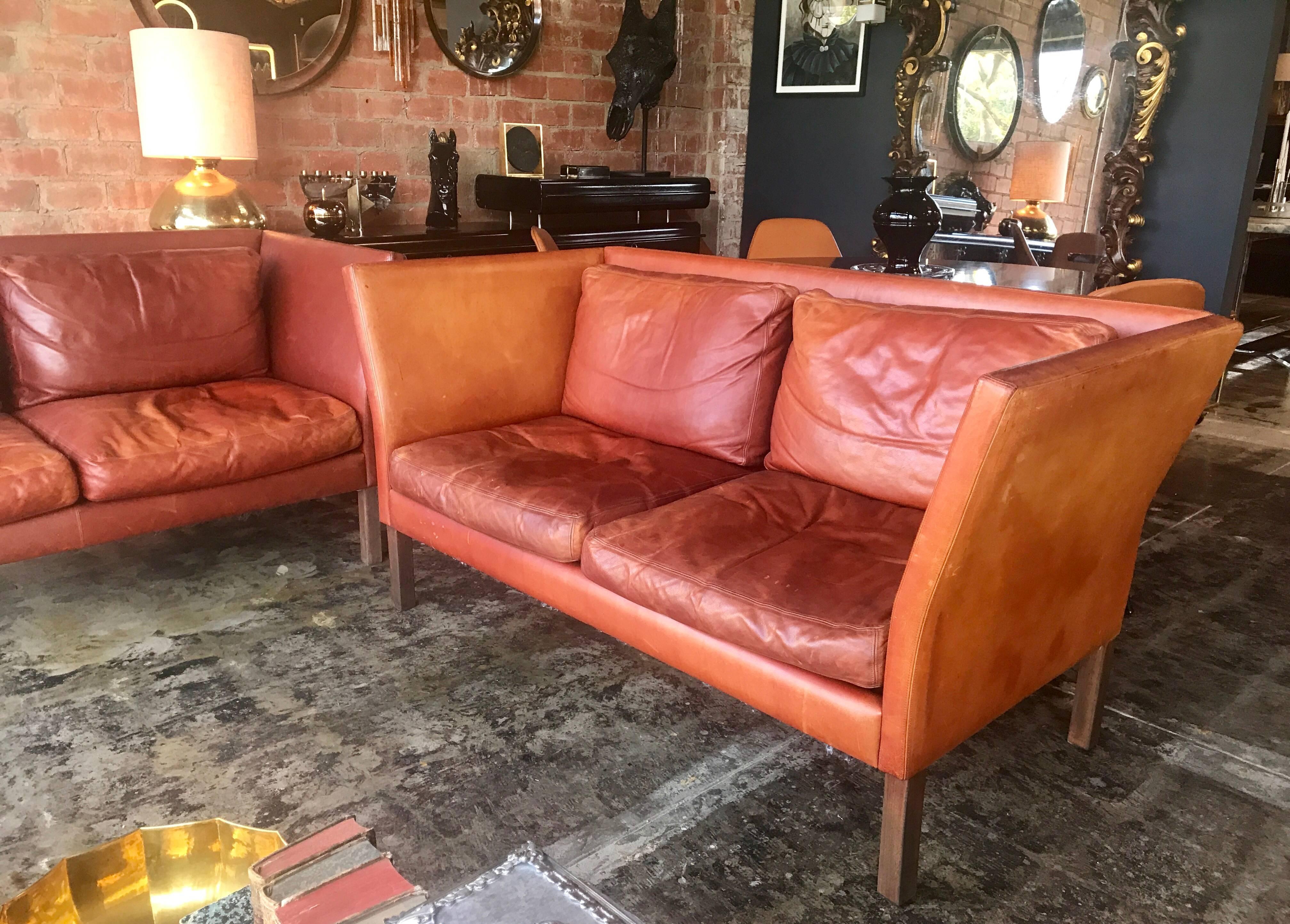 Danish Mogens Hansen Sofas. From Denmark Pair of Cognac Leather Matching Sofas  