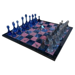 Marble Chess Set with Blue and Gray Glass Pieces