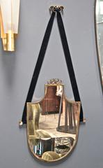Italian Brass Shield Shaped Framed Mirror with Blue Velvet Ribbon
