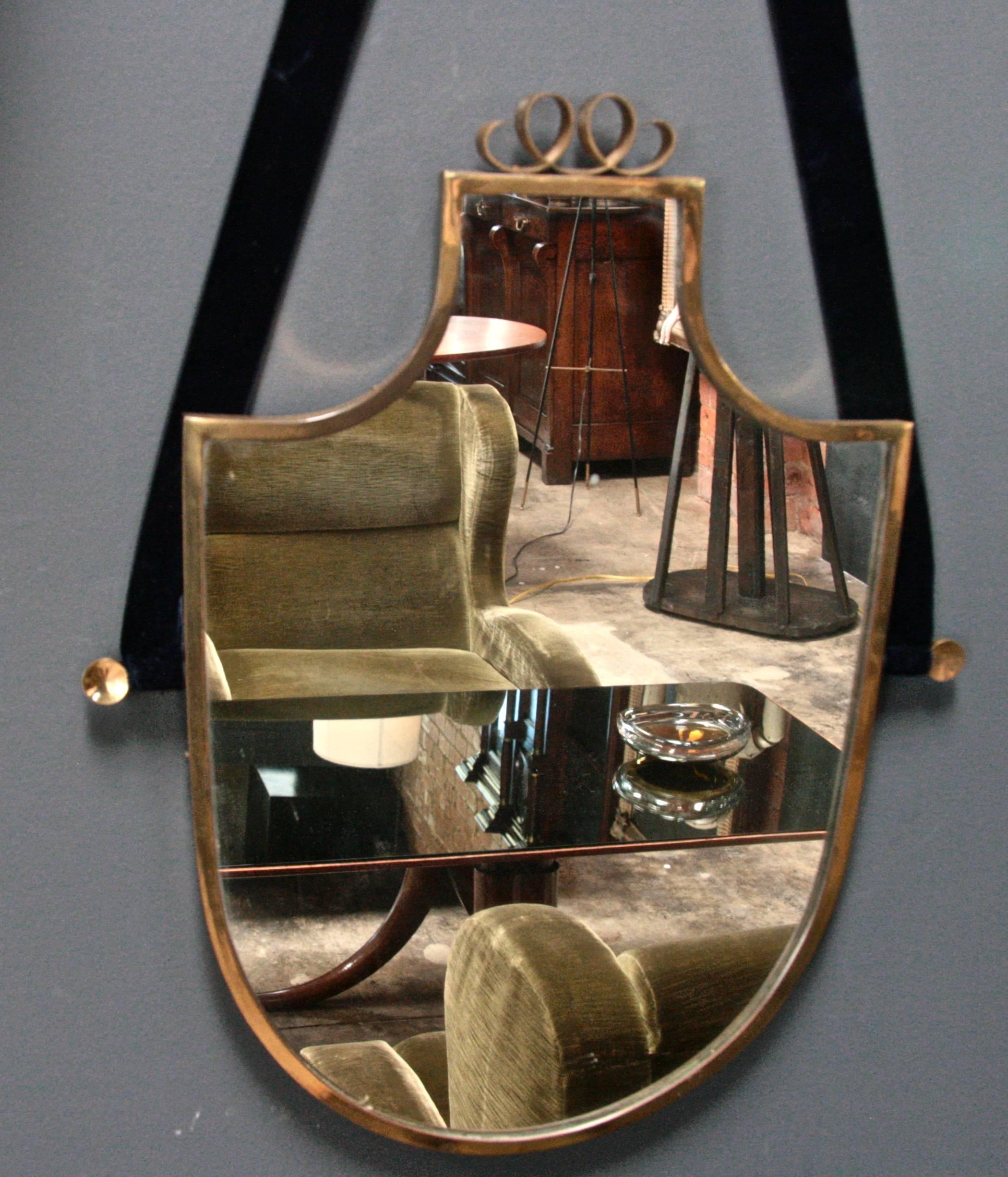 Italian Brass Shield Shaped Framed Mirror with Blue Velvet Ribbon In Excellent Condition In Los Angeles, CA