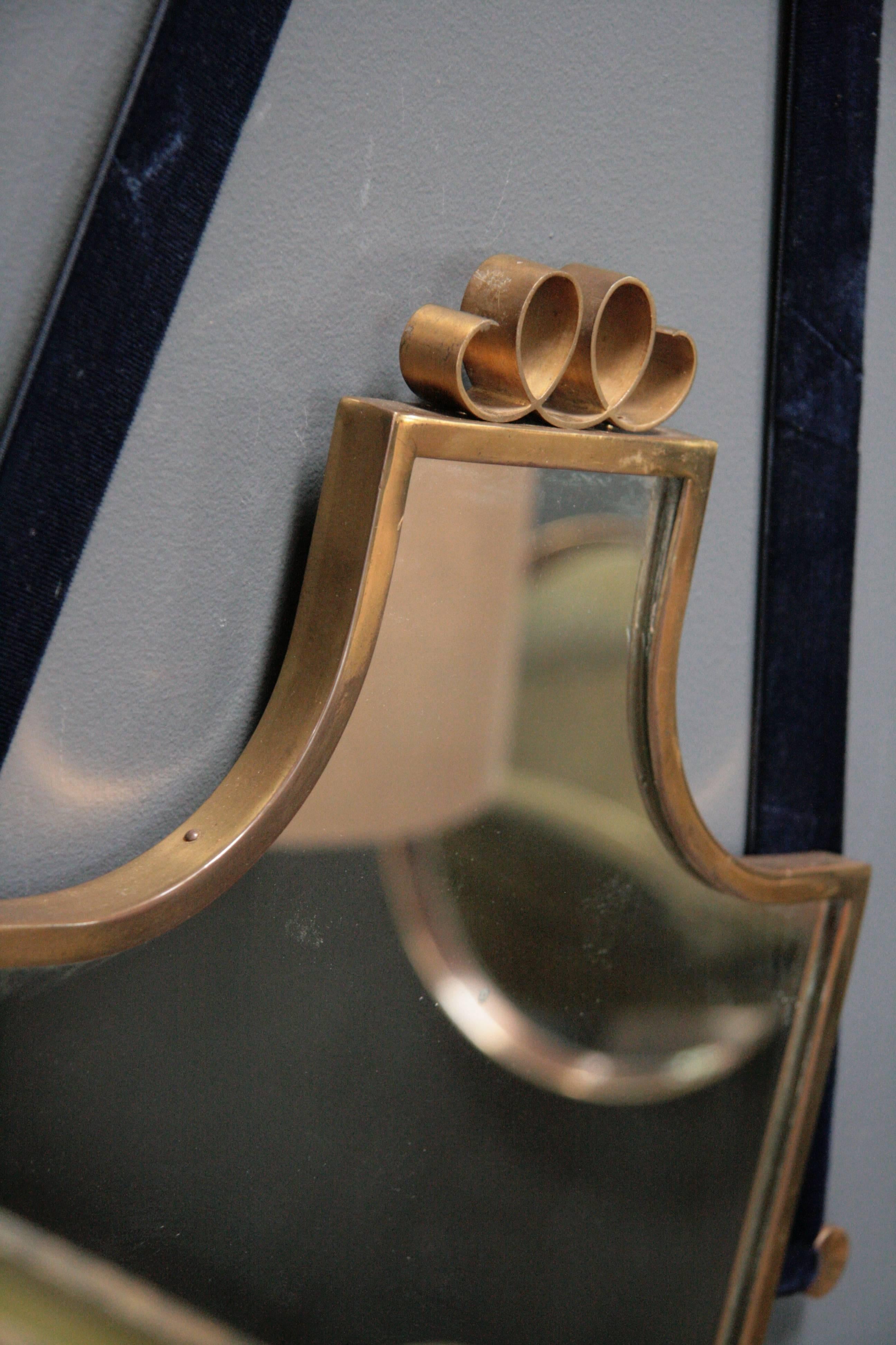 Italian Brass Shield Shaped Framed Mirror with Blue Velvet Ribbon 2