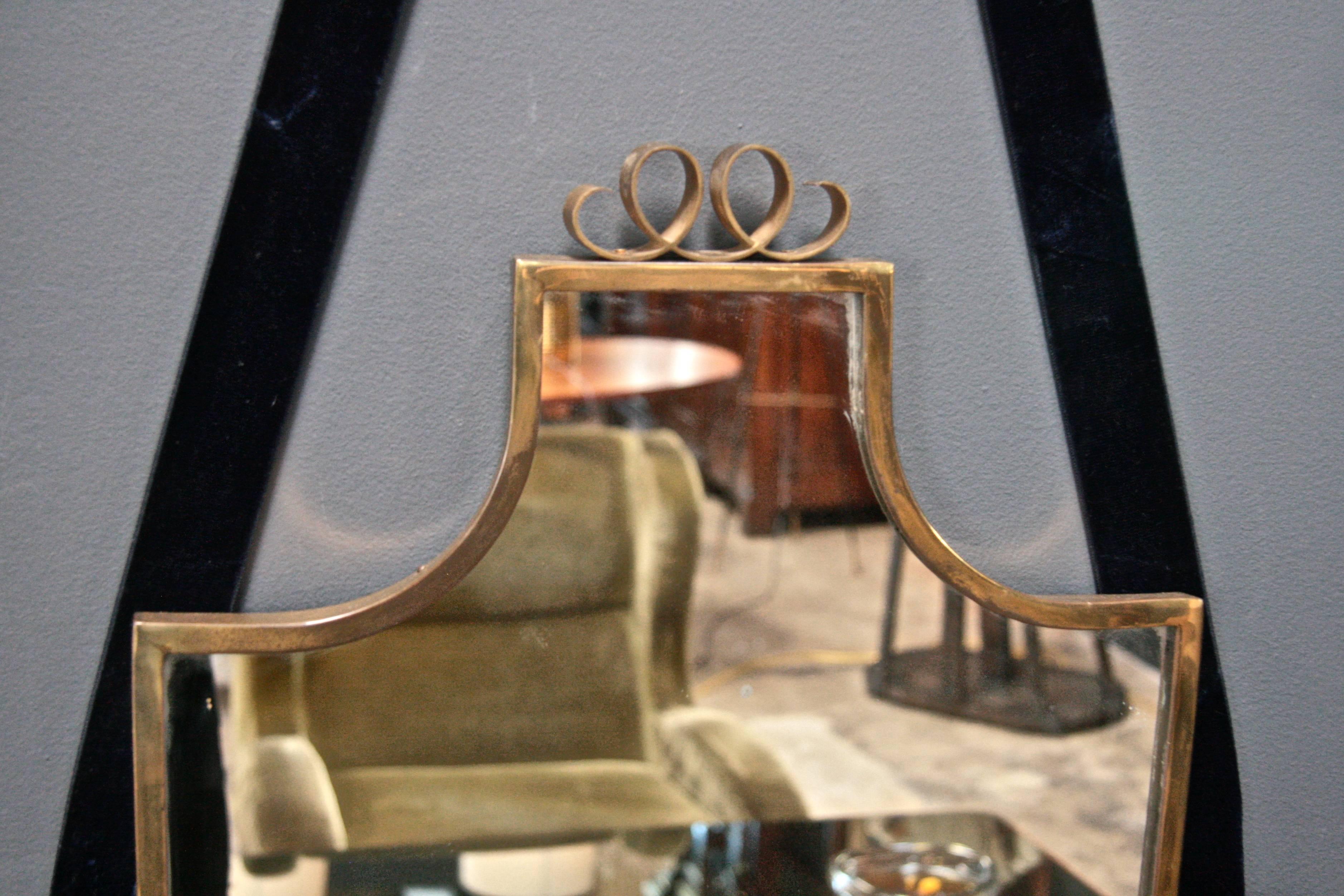 Italian Brass Shield Shaped Framed Mirror with Blue Velvet Ribbon 1