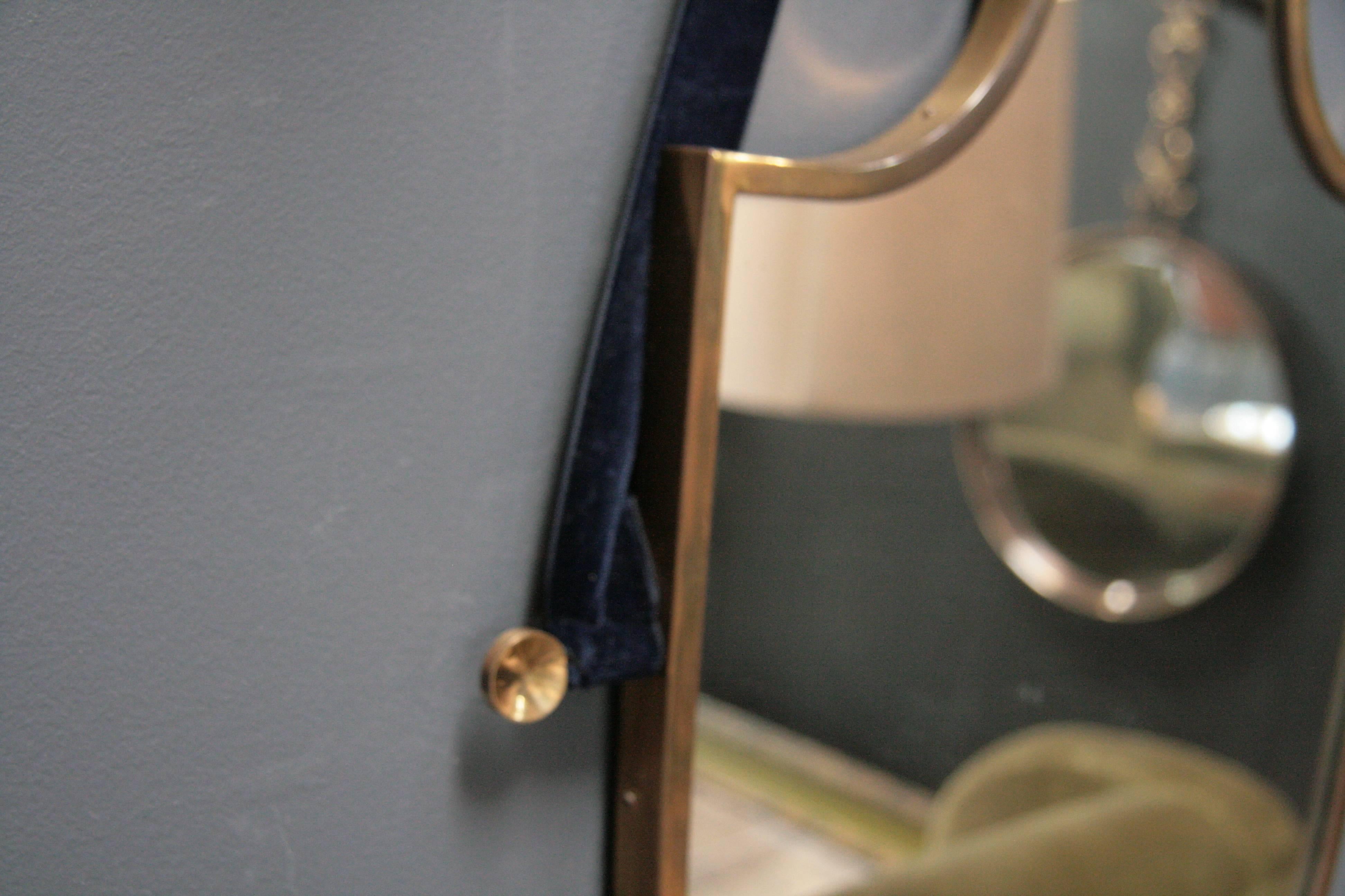 Italian Brass Shield Shaped Framed Mirror with Blue Velvet Ribbon 3