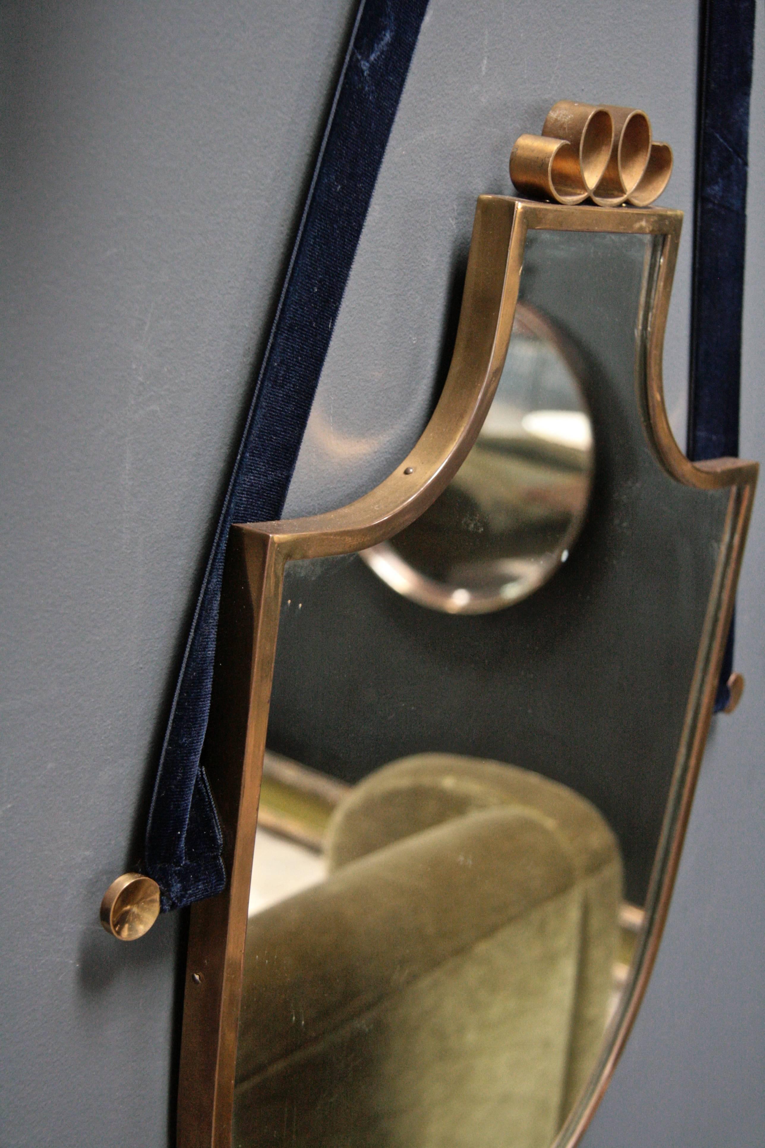 Italian Brass Shield Shaped Framed Mirror with Blue Velvet Ribbon 5