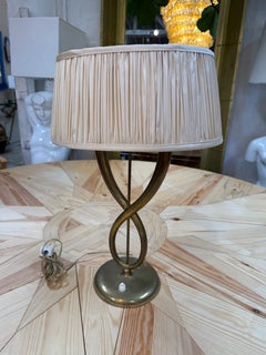Italian Brass Table Lamp with Twisted Loop Base and Pleated Shade, 1950s
