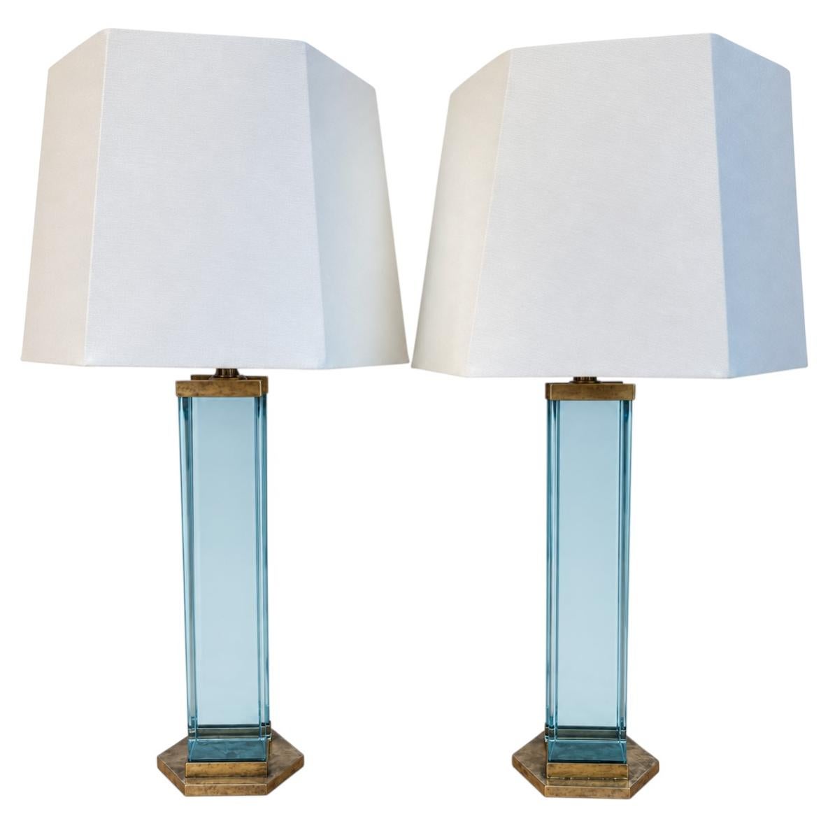 Pair of Fontana Arte Style Brass and Blue Glass Table Lamps