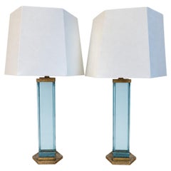Pair of Fontana Arte Style Brass and Blue Glass Table Lamps