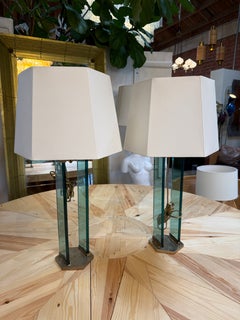 Pair of Fontana Arte Style Brass and Blue Glass Table Lamps
