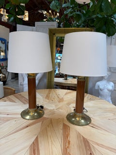 Pair of Mid-Century Modern Brass and Brown Lacquer Table Lamps