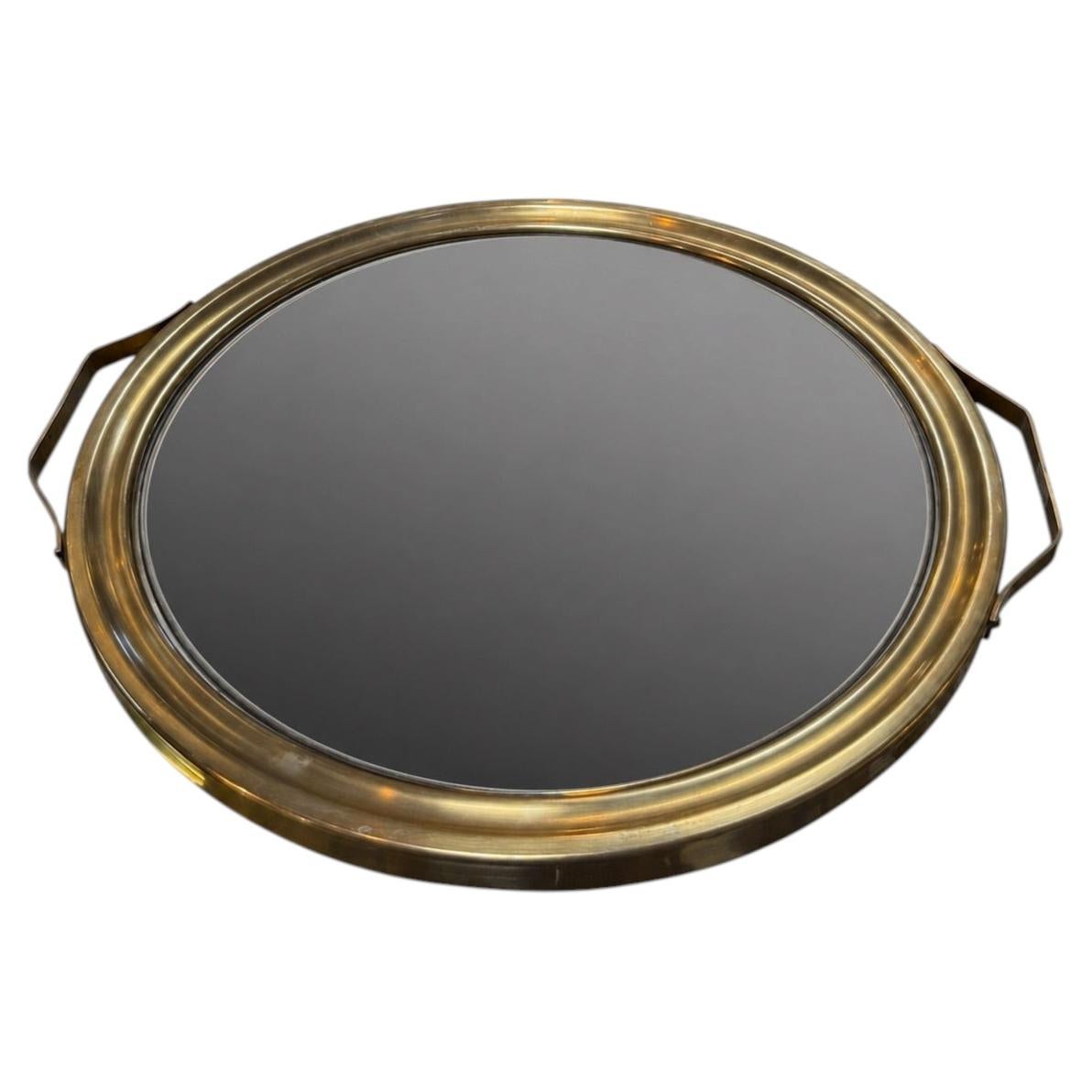 Italian Mid-Century Brass and Smoked Mirror Serving Tray, 1970s For Sale