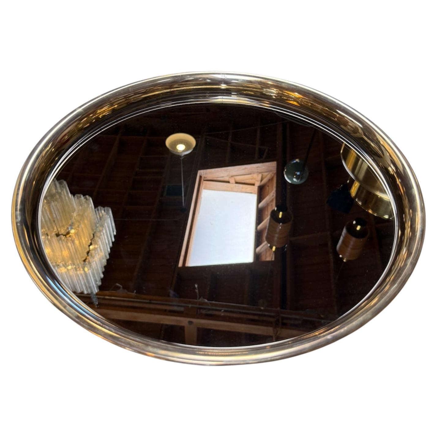 Italian Mid-Century Modern Round Smoked Glass and Brass Serving Tray, 1970s For Sale