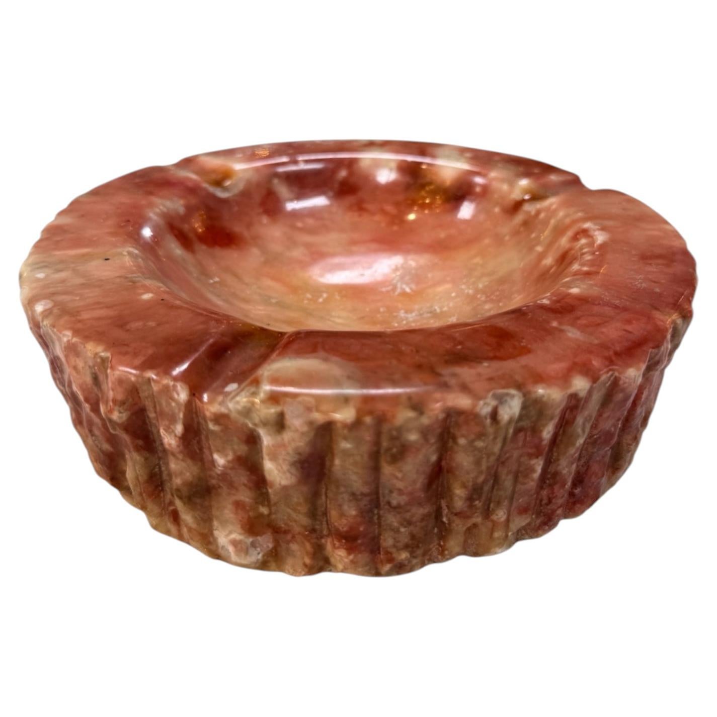 Vintage Pink Marble Ashtray – Carved Stone with Rustic Textured Edge For Sale