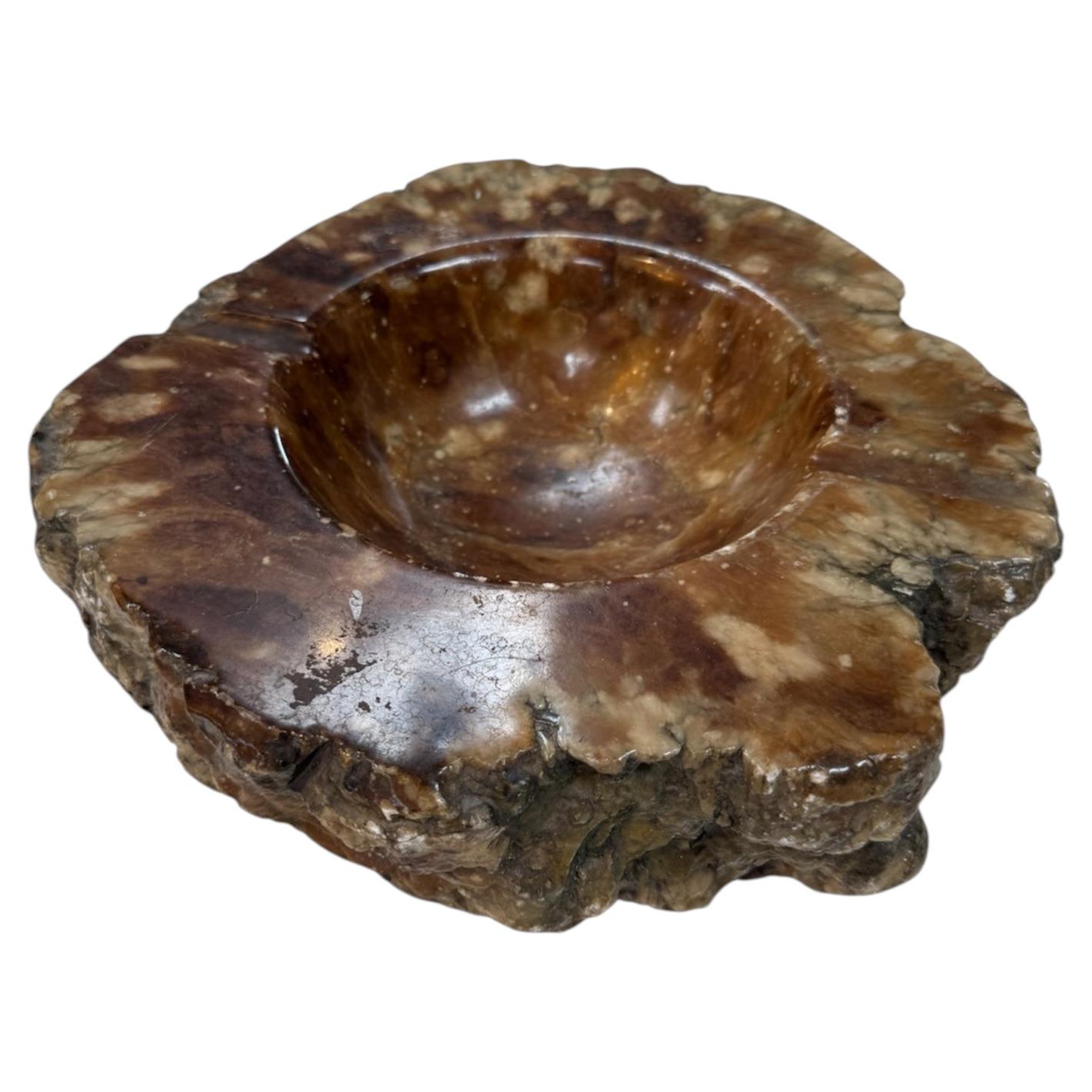Natural Brown Marble Ashtray – Polished Stone Bowl with Rustic Raw Edge For Sale