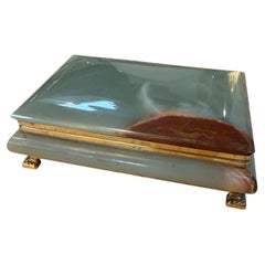 Vintage Italian Marble Jewelry Box with Brass Trim and Footed Base