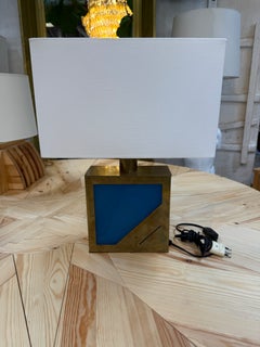 Brass Table Lamp with Blue Panel Base and Rectangular Linen Shade