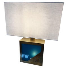 Brass Table Lamp with Blue Panel Base and Rectangular Linen Shade