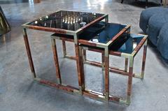 Three Elegant Italian Nesting Tables in Wood, Brass and Blue Mirror