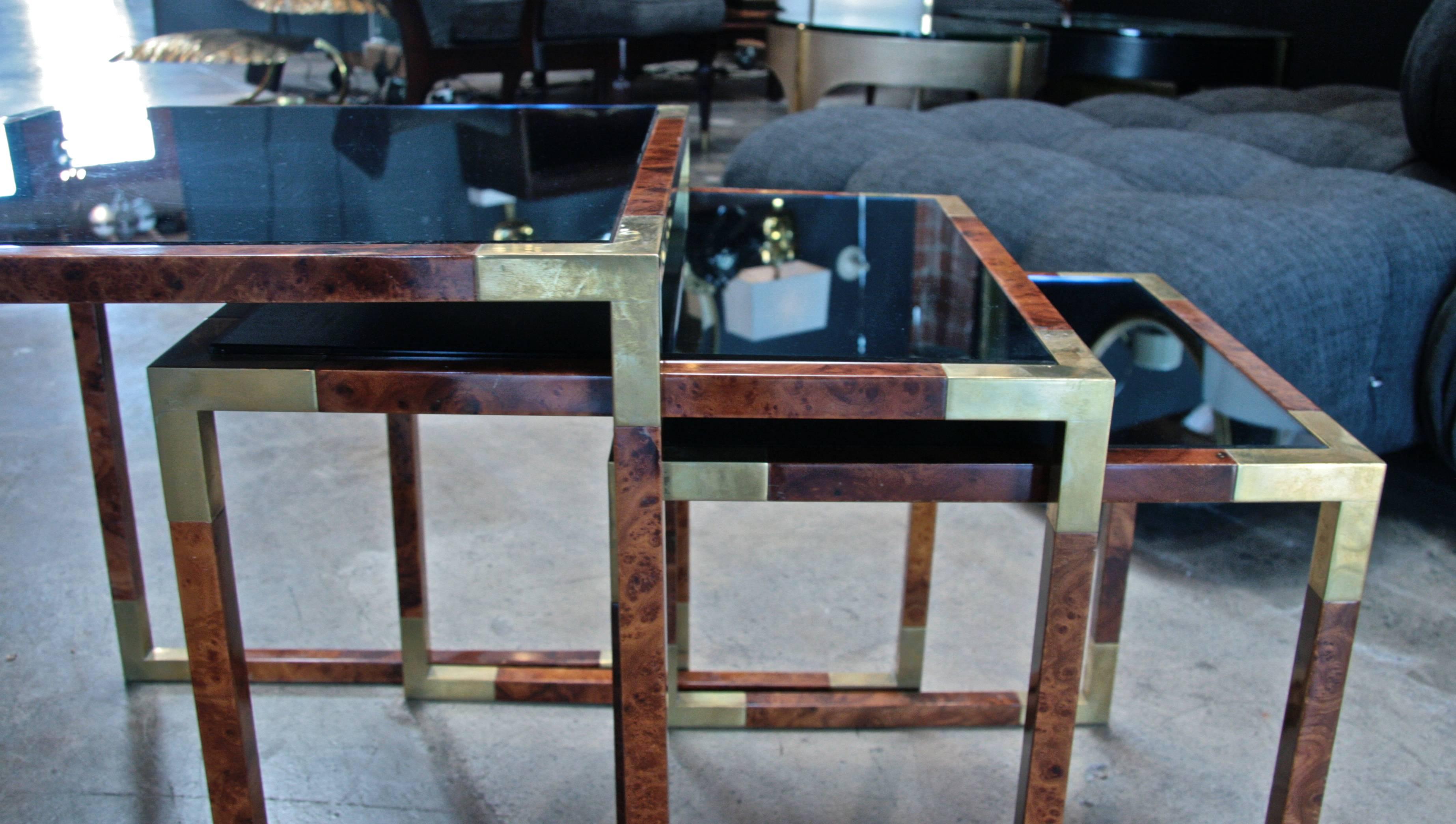 Three Elegant Italian Nesting Tables in Wood, Brass and Blue Mirror 3