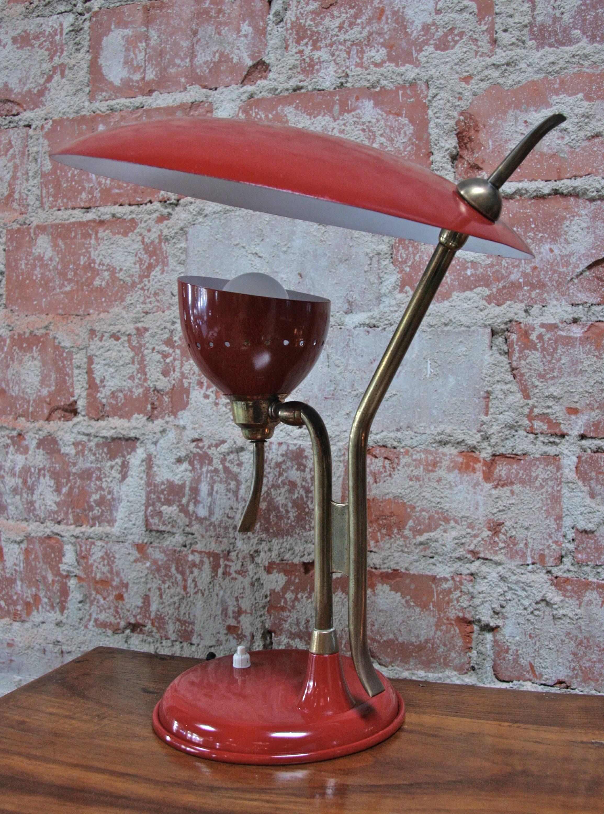 Red lacquered shade with brass accents make this the right choice for any room.