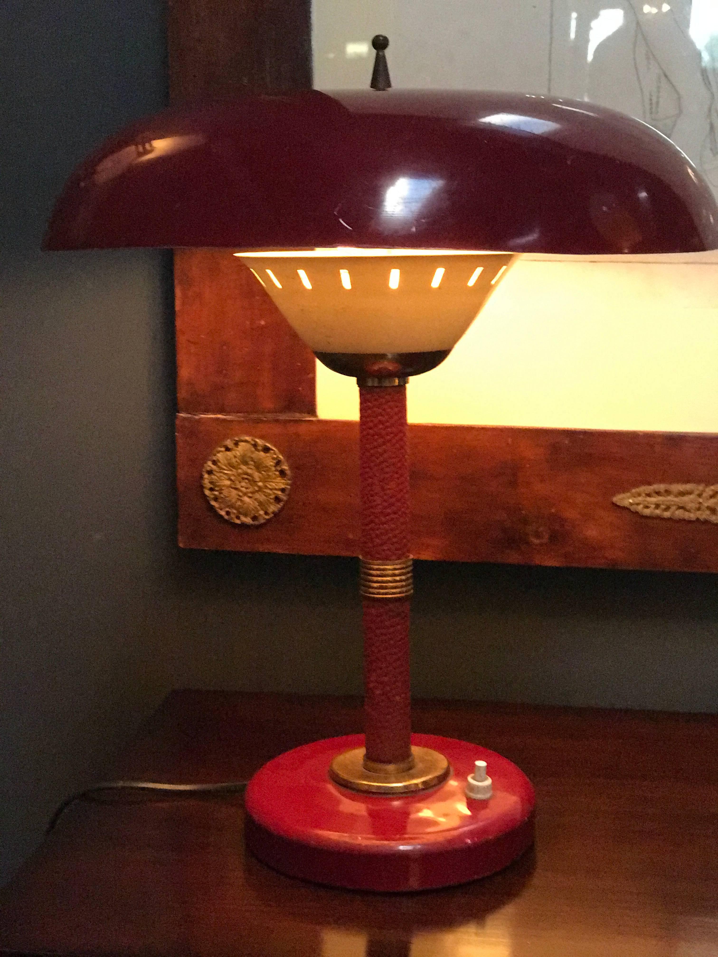 Arredoluce Attributed Table Lamp 1950s Whit Original Red Leather 1