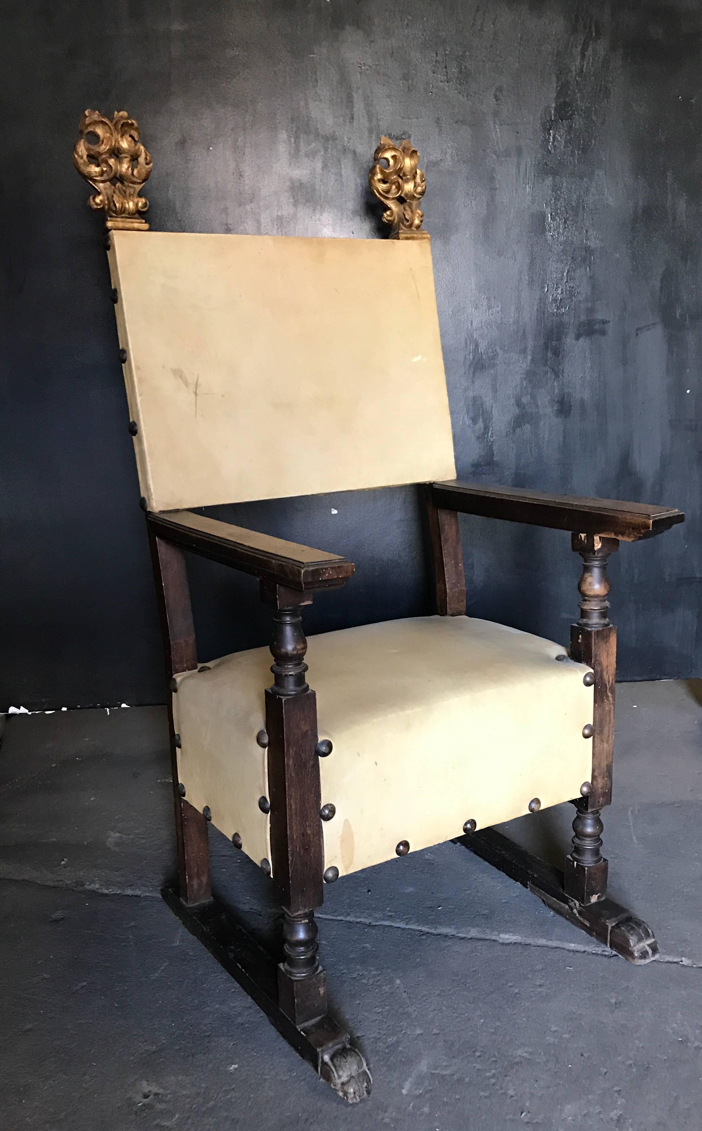 Italian carved walnut 19th century armchair with original white leather.