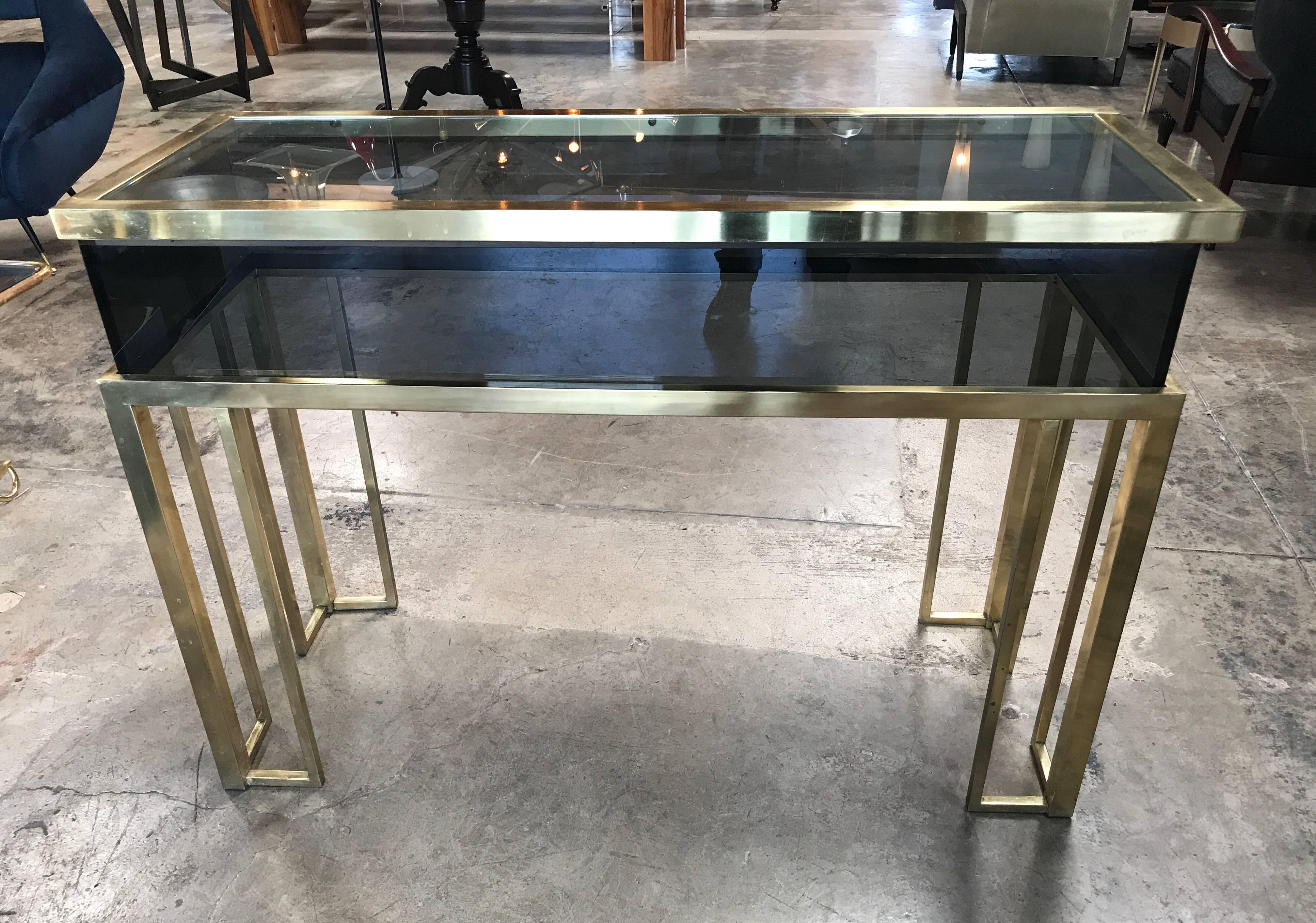 Italian brass and glass console table by Romeo Rega with glass.