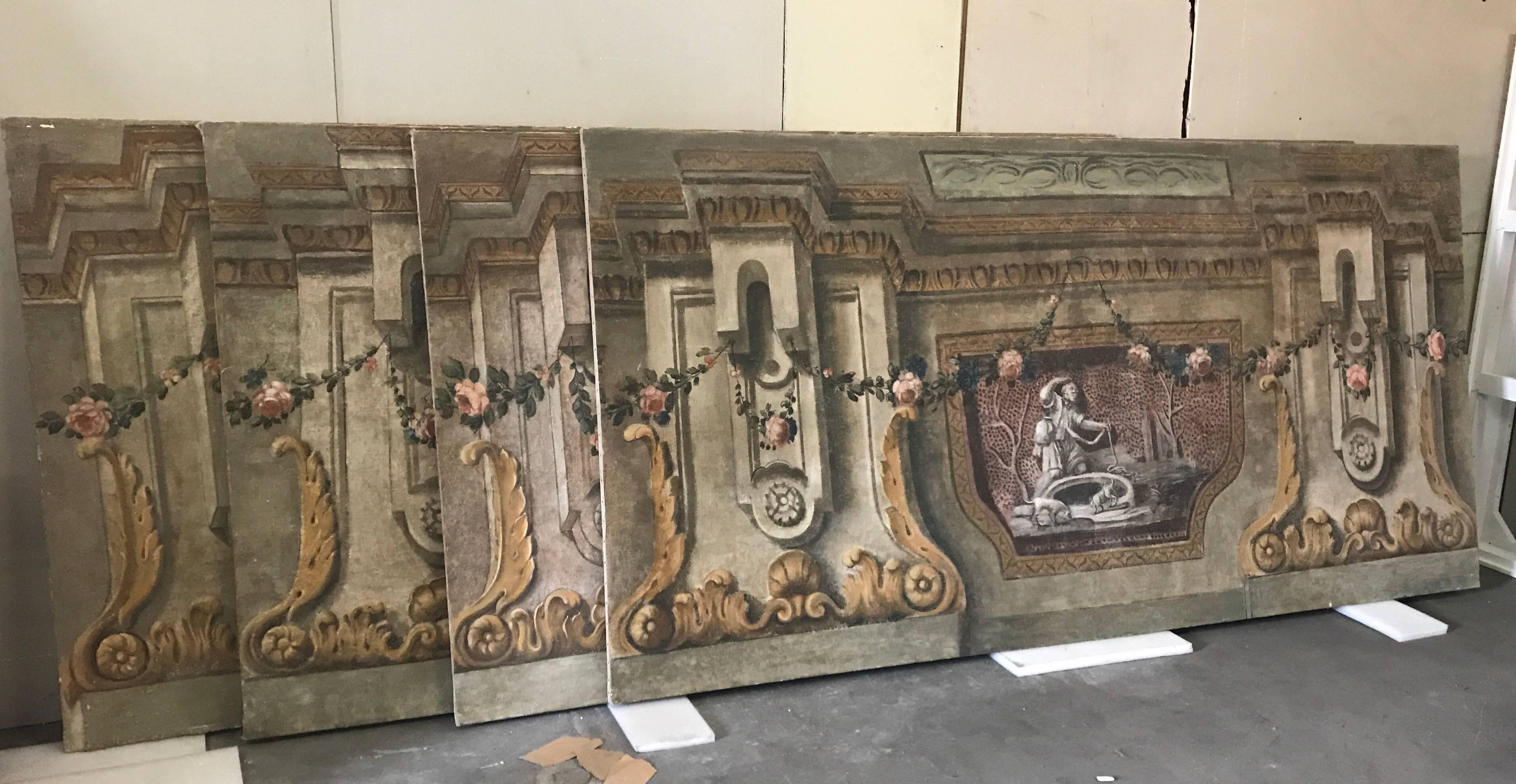 A rare set of four Italian 18th century panels, gouache on canvas from the music room of an historical Villa in the Lucca region.
Depicting biblical scenes in airy composition and delicate style.