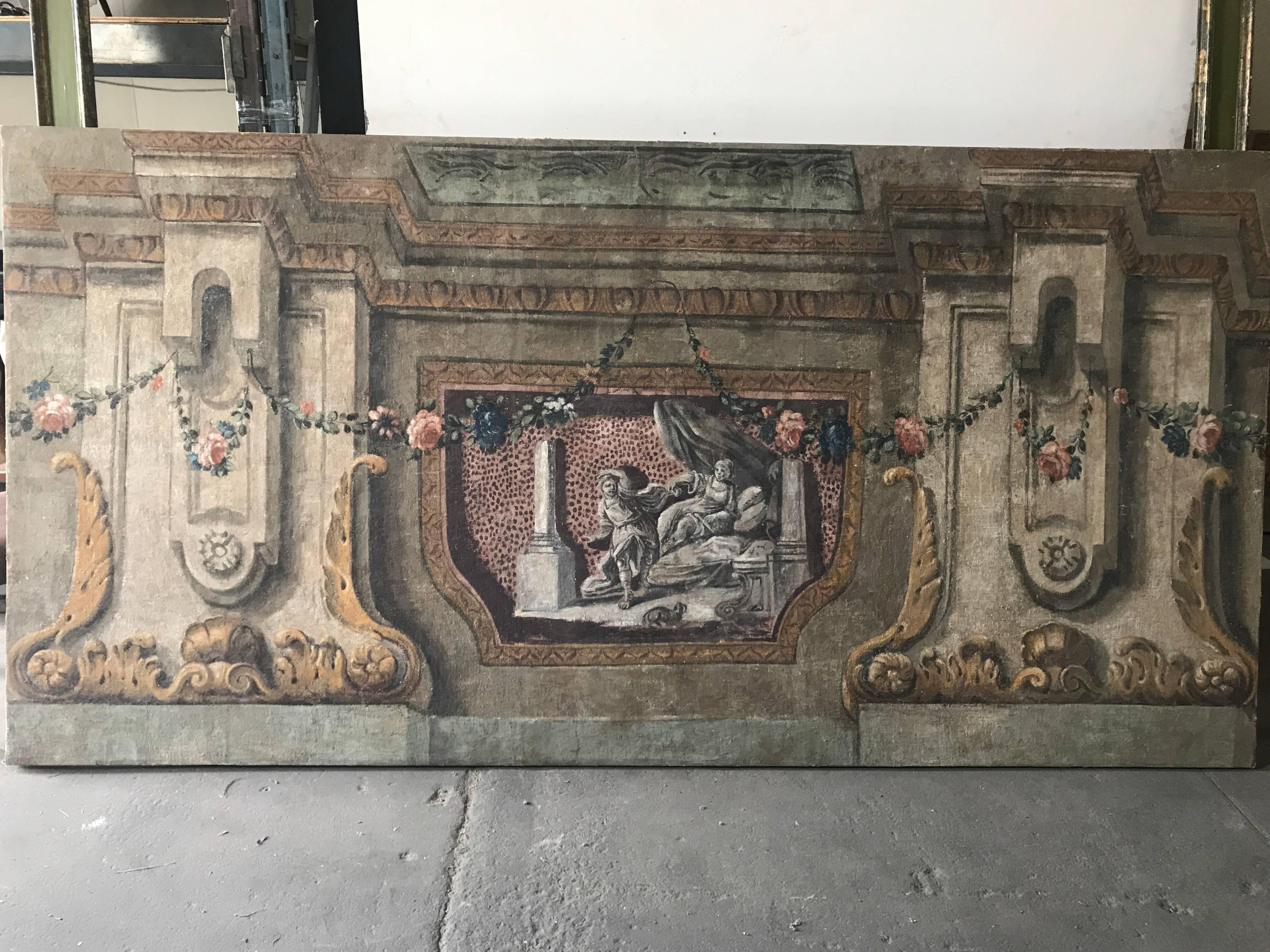 Rare Set of Four Italian 18th Century Panels, Gouache on Canvas For Sale 1