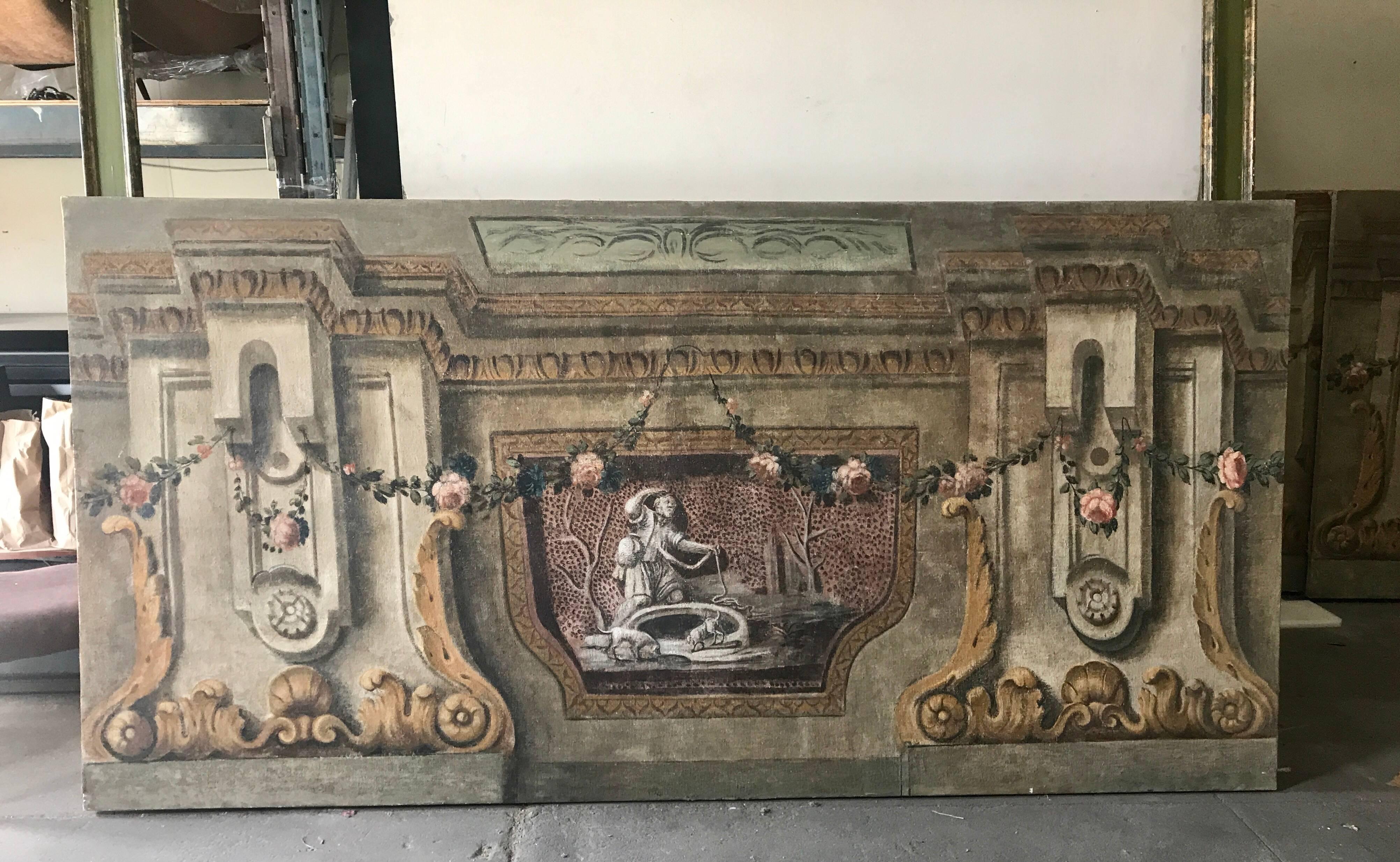 Rare Set of Four Italian 18th Century Panels, Gouache on Canvas For Sale 4