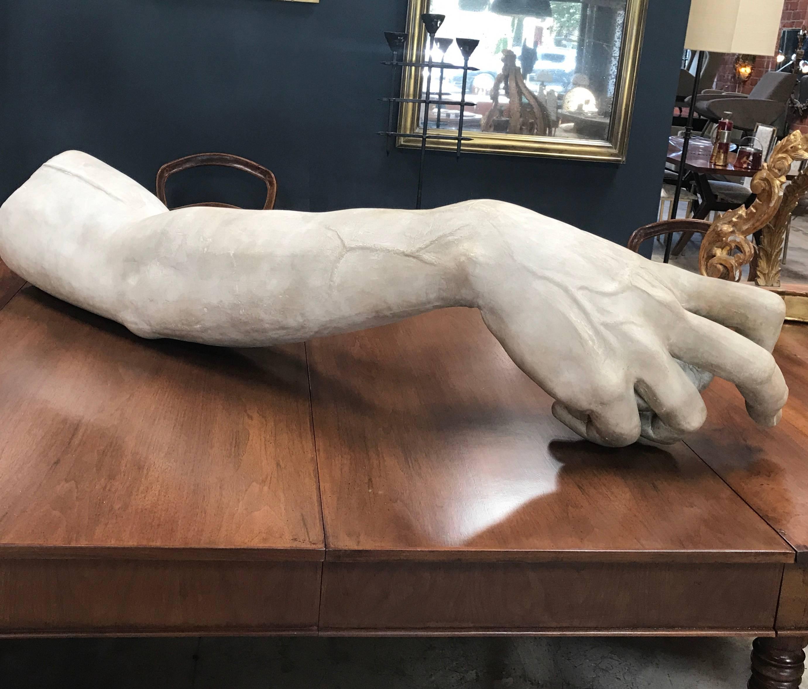 1960s gesso statue of the arm of Michelangelo's David. Crafted from an art school in Rome.