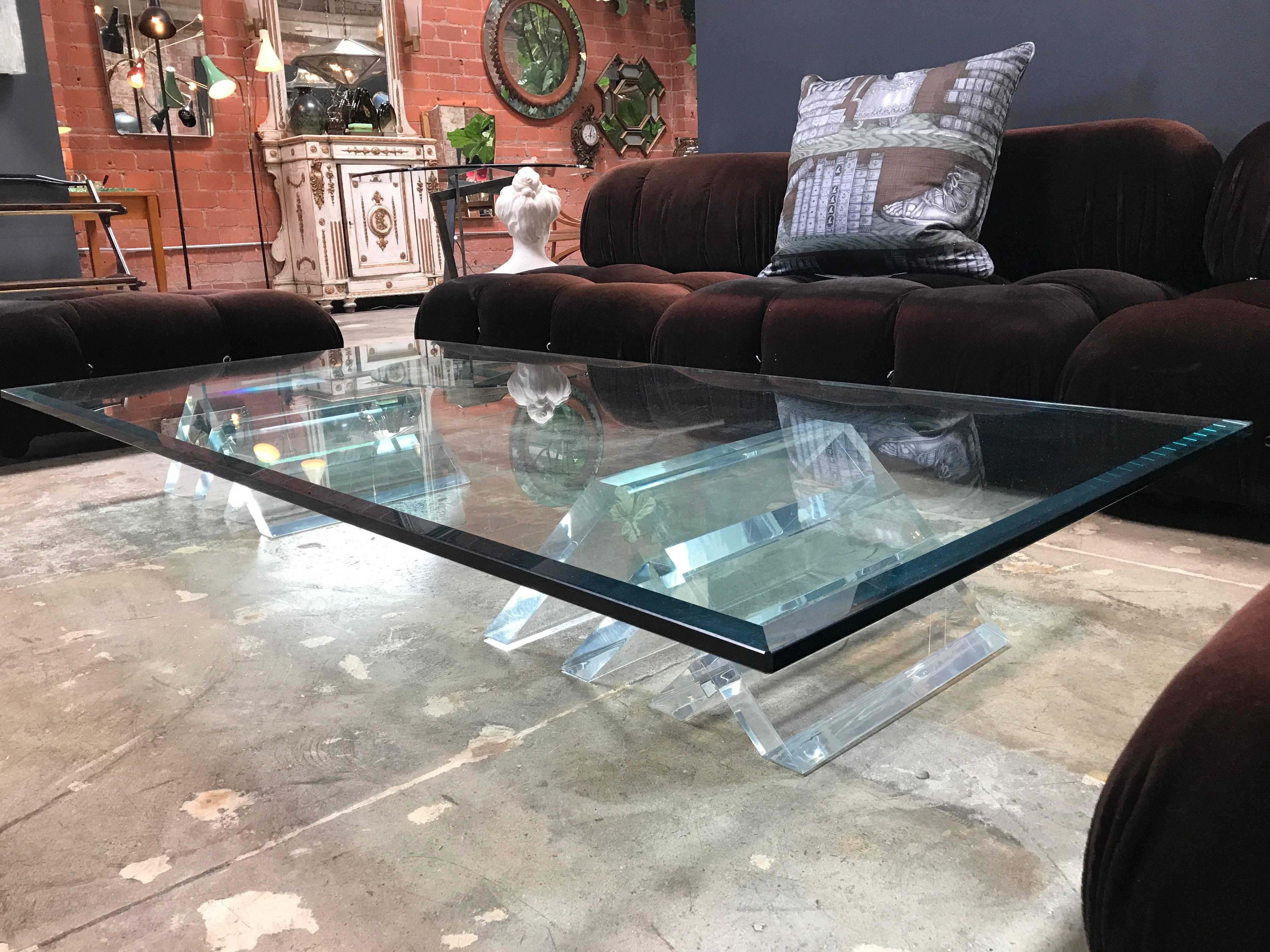 Beautiful Lucite Italian Coffee Table Base with Thick Glass Top In Good Condition In Los Angeles, CA