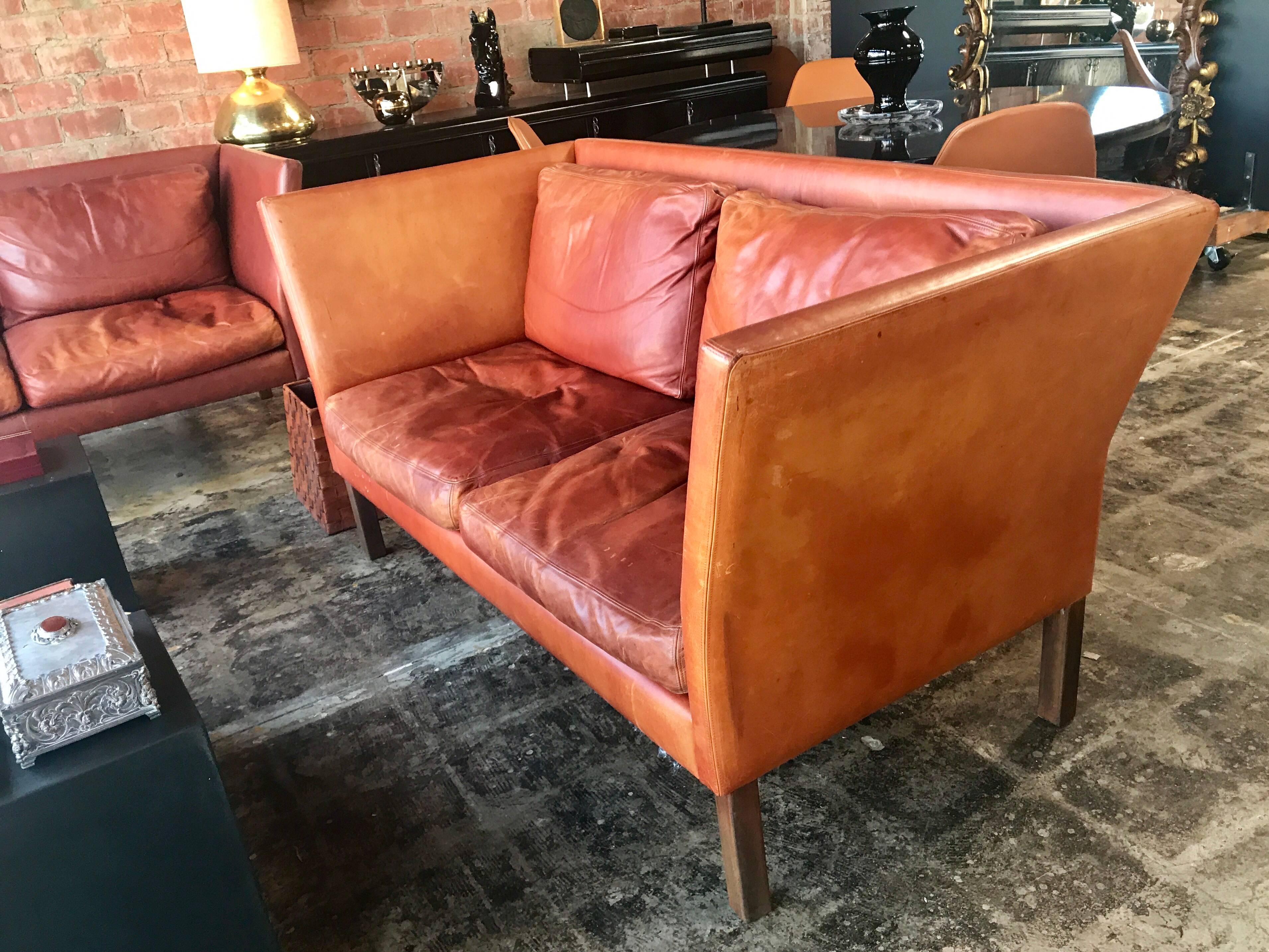 Mogens Hansen Sofas. From Denmark Pair of Cognac Leather Matching Sofas   In Excellent Condition In Los Angeles, CA