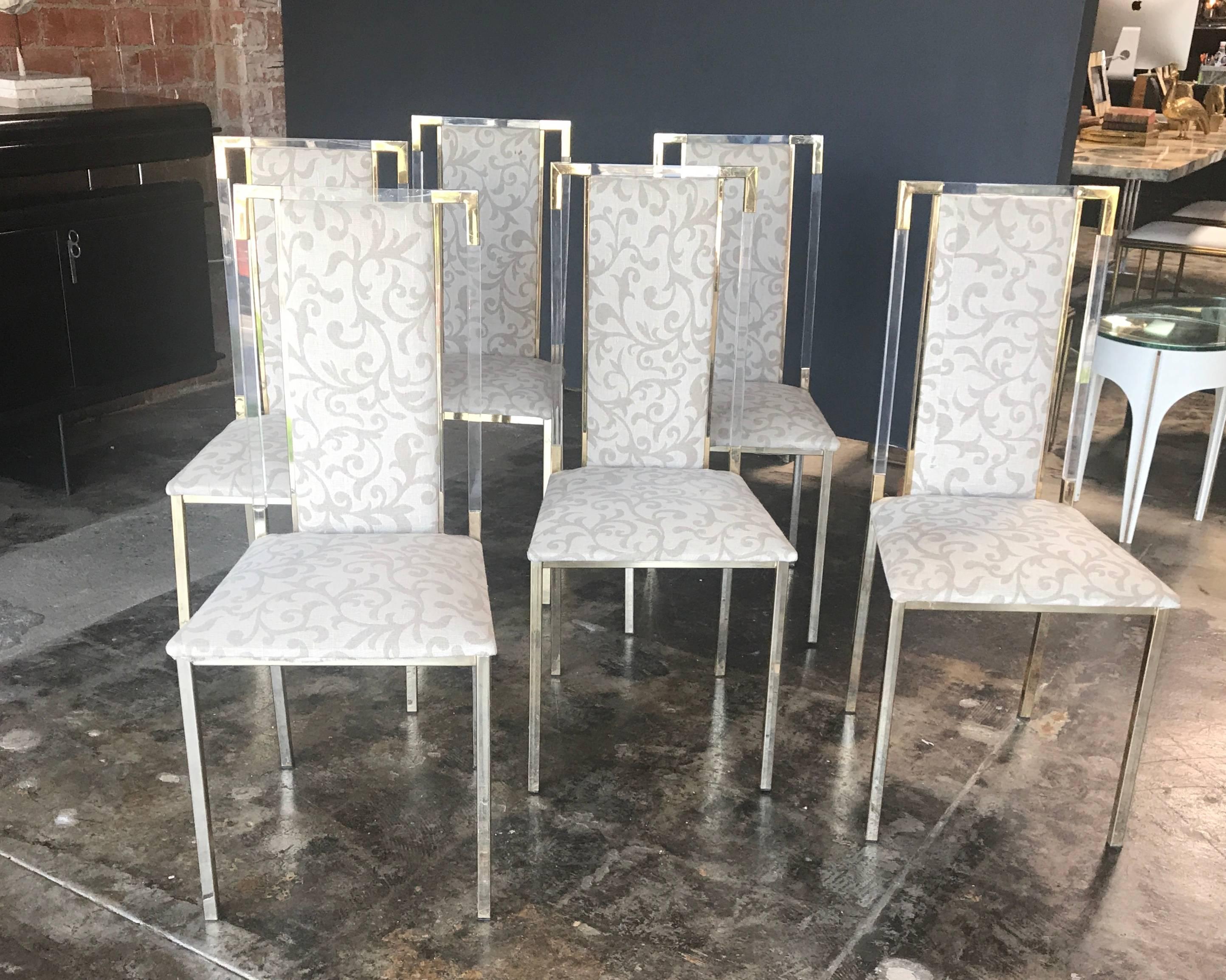 Italian 1960s set of six chairs in brass and plexiglass.