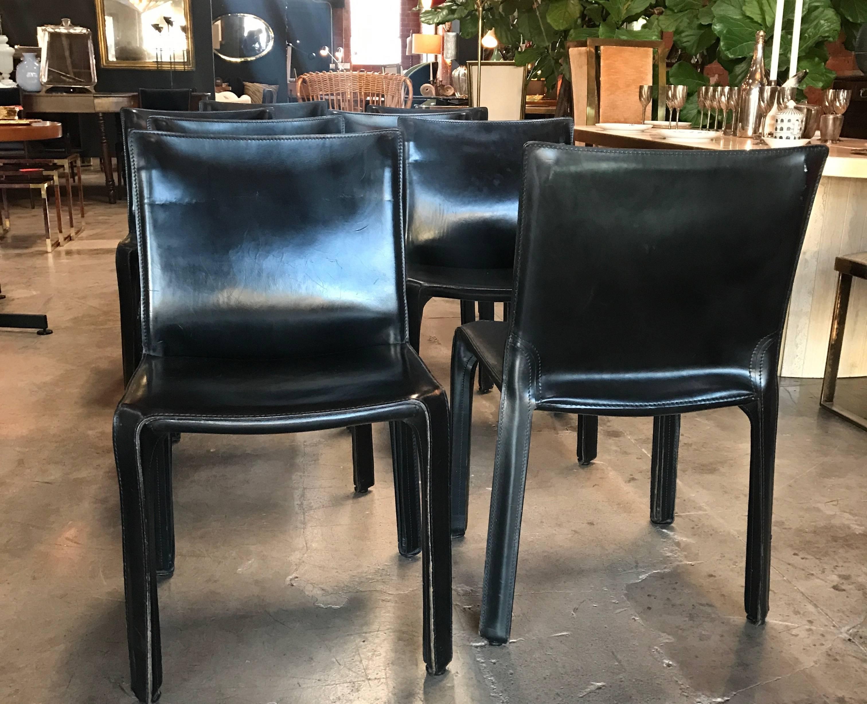 Late 20th Century Cassina Chairs, Model Cab Nr. 412, Mario Bellini in Black Leather, Set of Eight