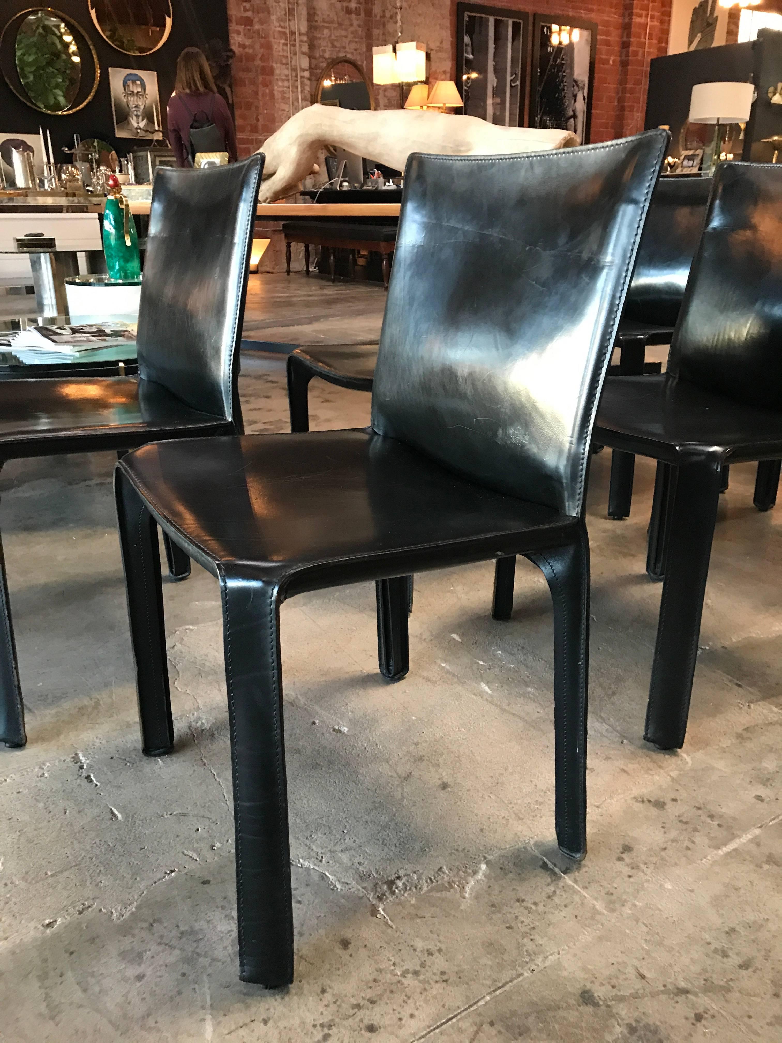 Italian Cassina Chairs, Model Cab Nr. 412, Mario Bellini in Black Leather, Set of Eight