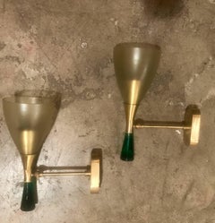Sconces in Brass with Satin Glass Cone and More Solid Green Glass on the Base