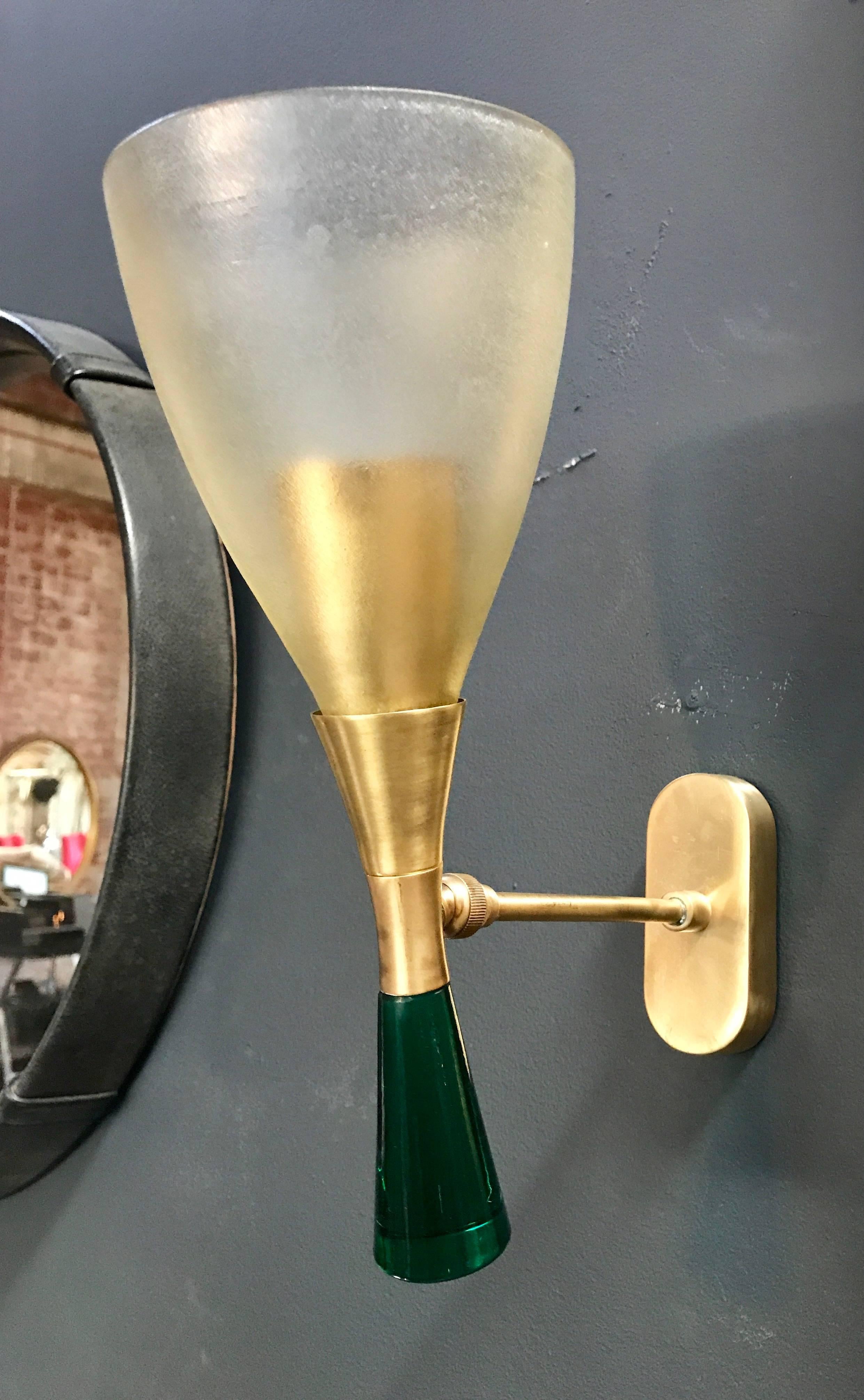 Sconces in Brass with Satin Glass Cone and More Solid Green Glass on the Base In Excellent Condition In Los Angeles, CA