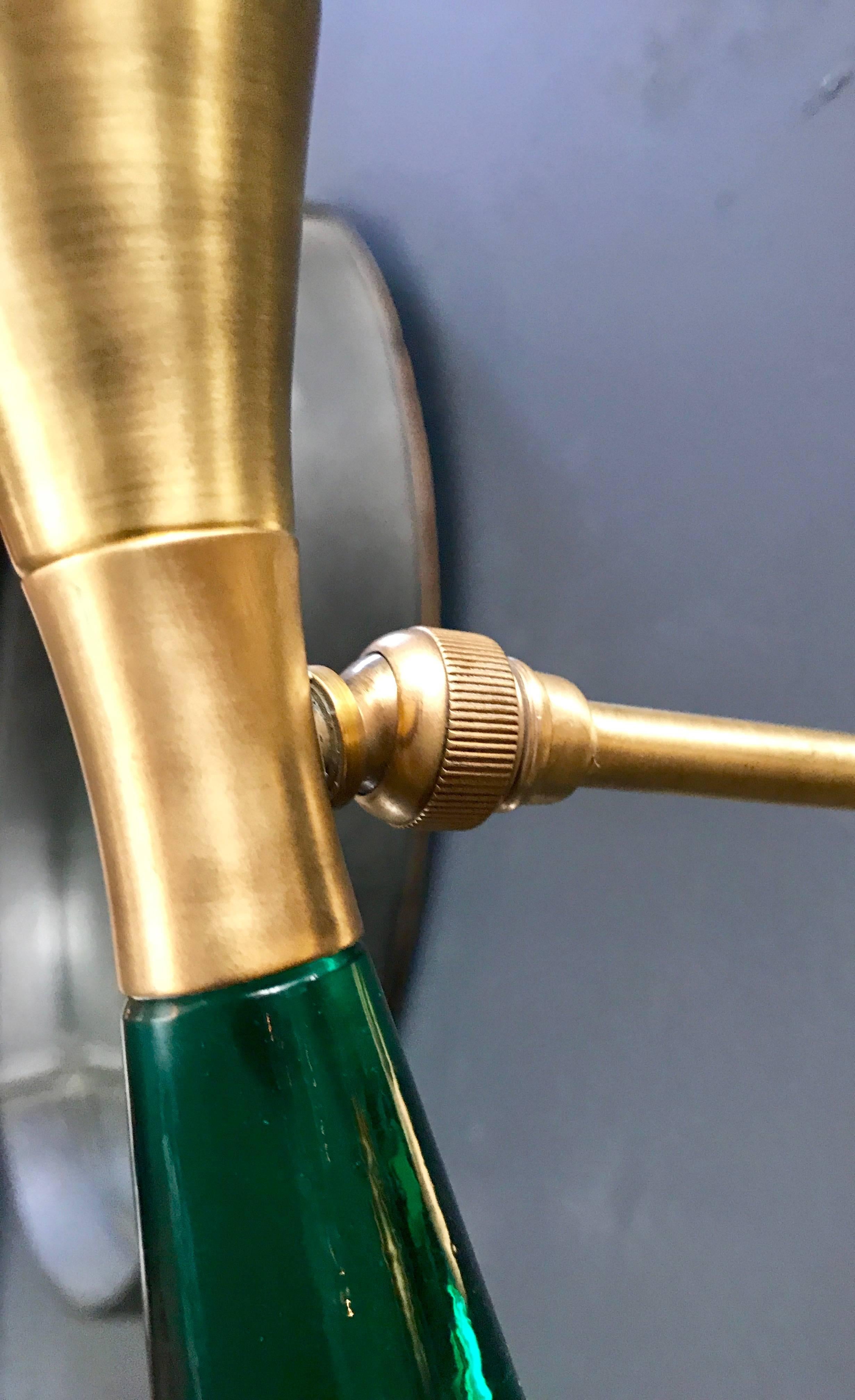 Mid-20th Century Sconces in Brass with Satin Glass Cone and More Solid Green Glass on the Base