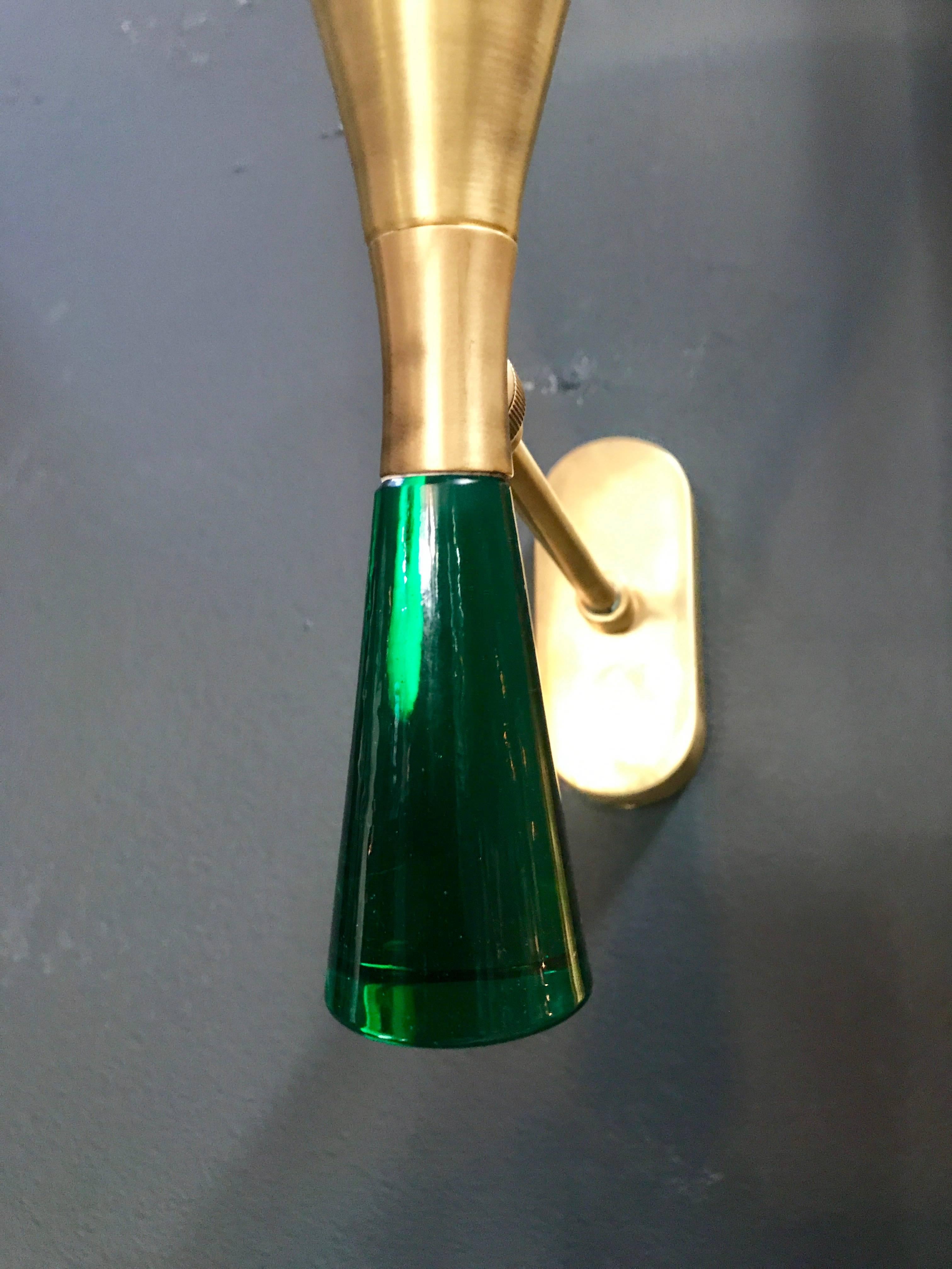 Sconces in Brass with Satin Glass Cone and More Solid Green Glass on the Base 1