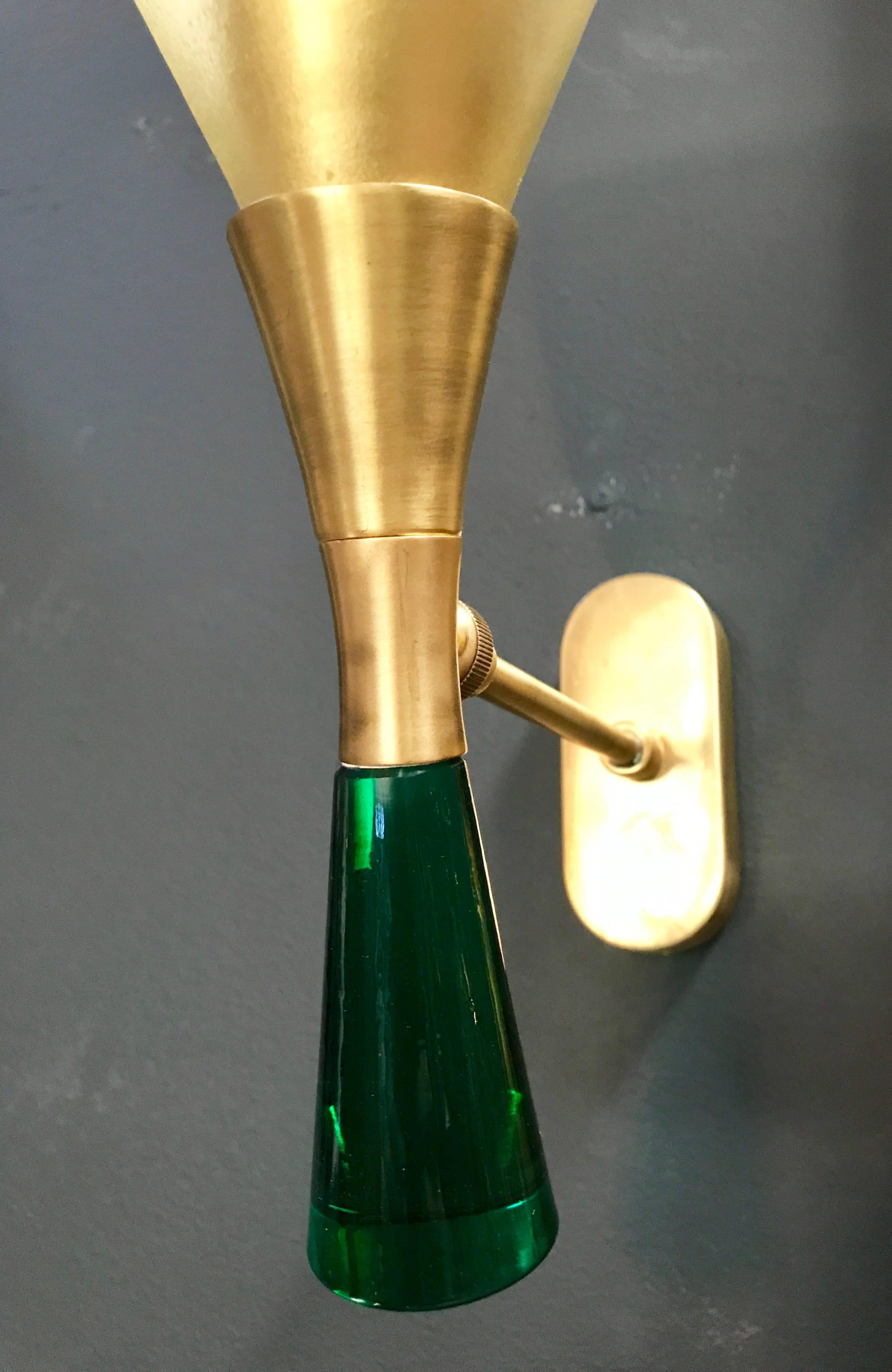 Sconces in Brass with Satin Glass Cone and More Solid Green Glass on the Base 4