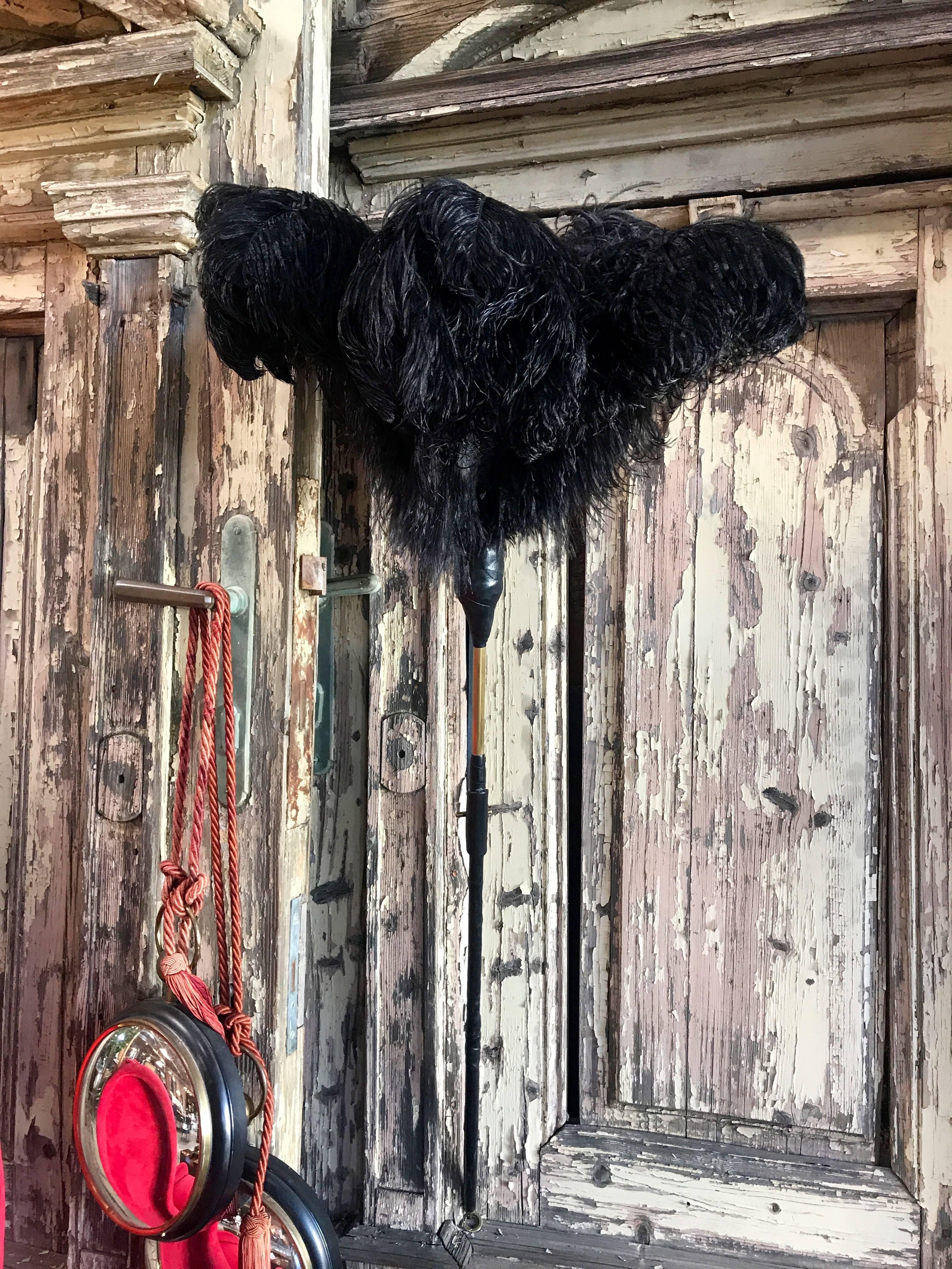 Duster with ostrich feathers and leather, handcrafted.