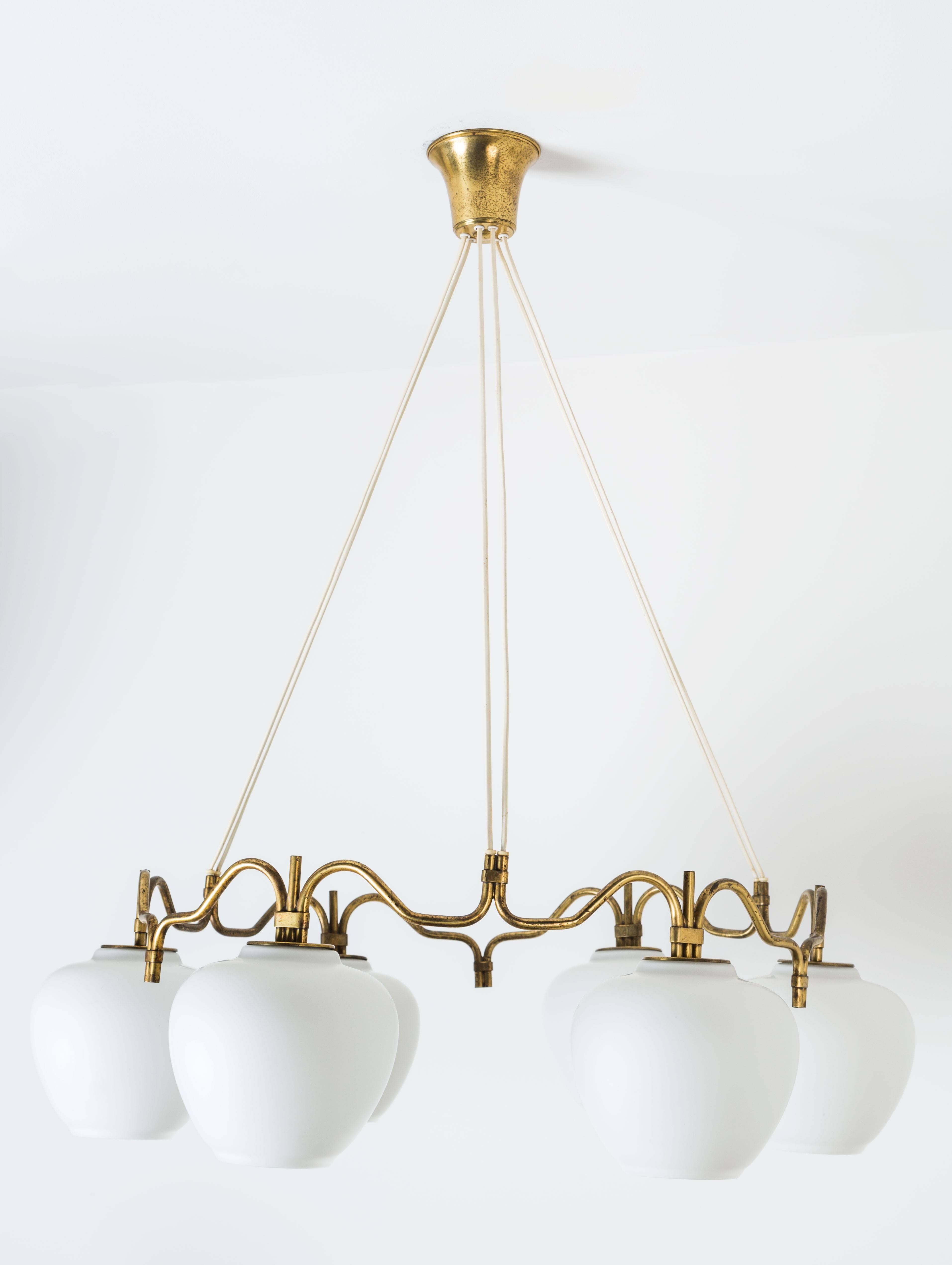 Brushed Six Globe Brass and Satin Glass Chandelier by Bent Karlby for Lyfa